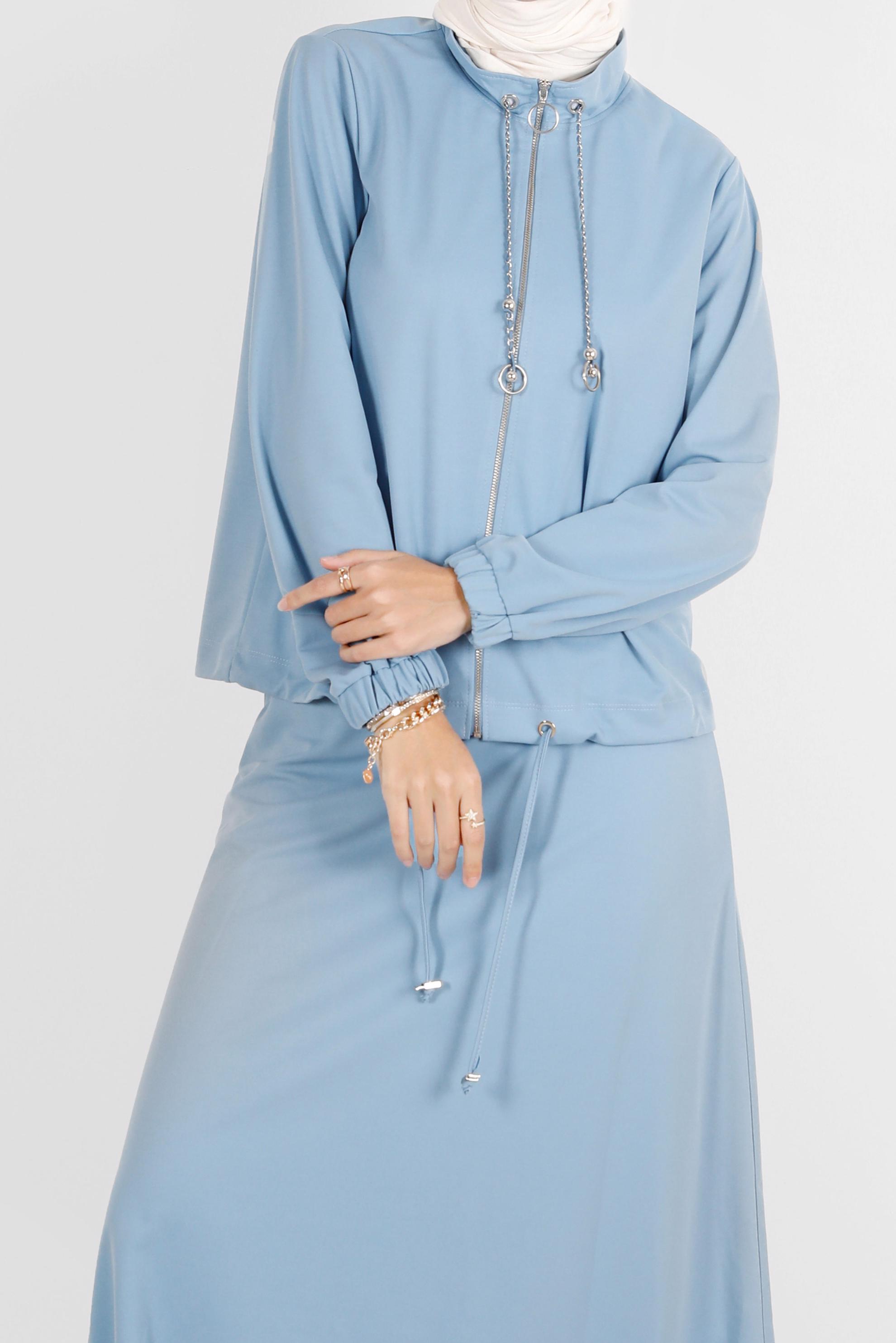 Tesettür giyim MAVİ MANŞETLERİ LASTİKLİ FERMUARLI İKİLİ ETEKLİ EŞOFMAN TAKIMI 42847 