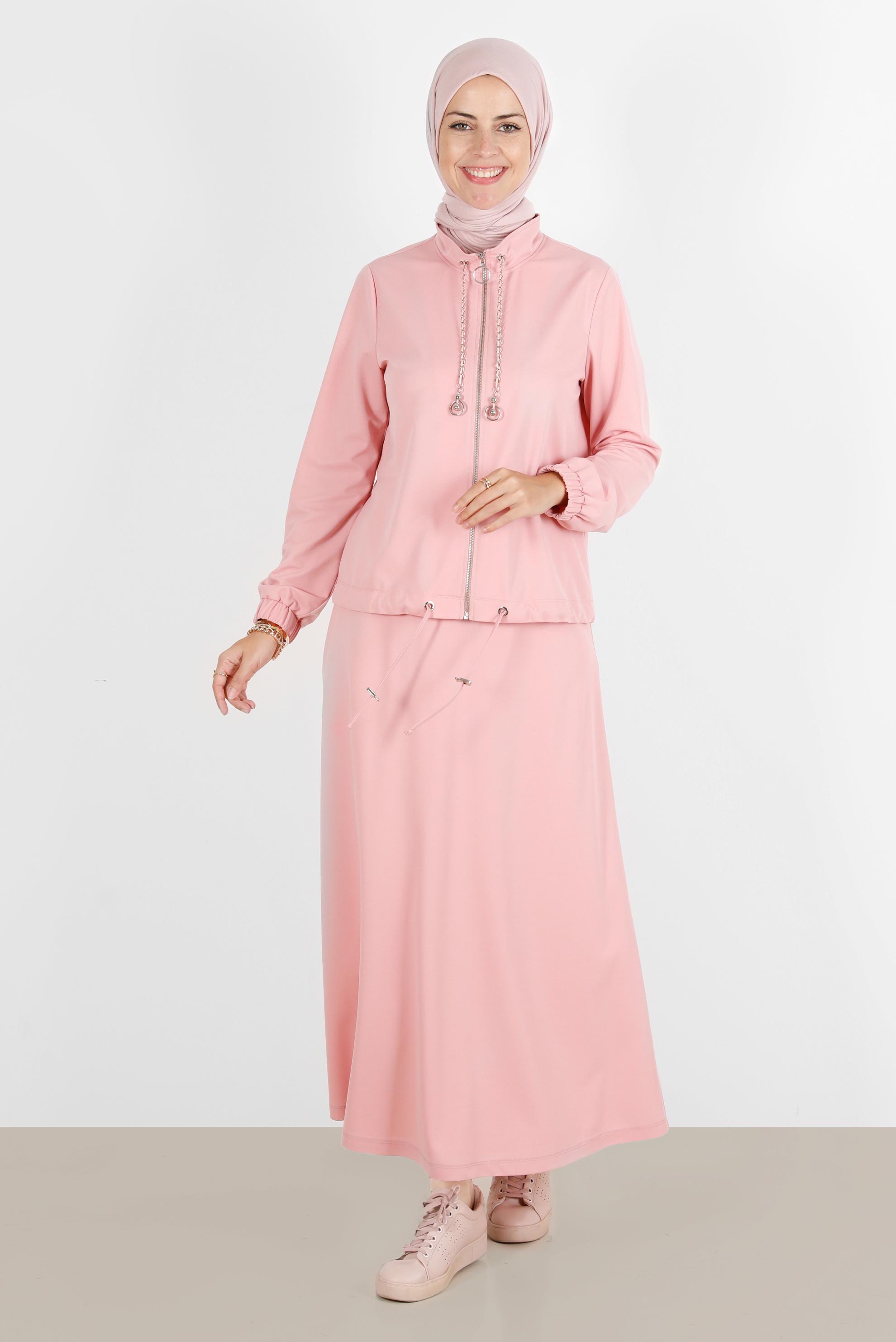 Tesettür giyim PUDRA MANŞETLERİ LASTİKLİ FERMUARLI İKİLİ ETEKLİ EŞOFMAN TAKIMI 42847 