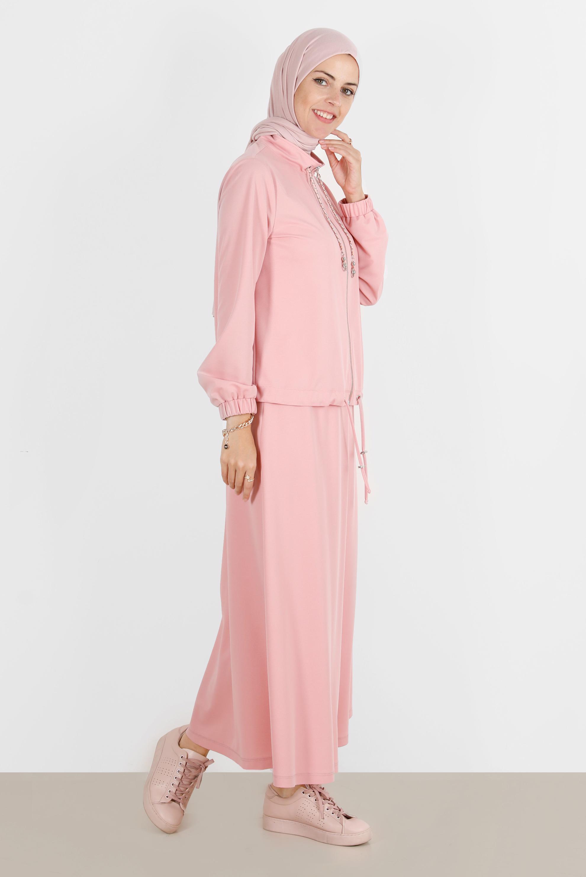 Tesettür giyim PUDRA MANŞETLERİ LASTİKLİ FERMUARLI İKİLİ ETEKLİ EŞOFMAN TAKIMI 42847 