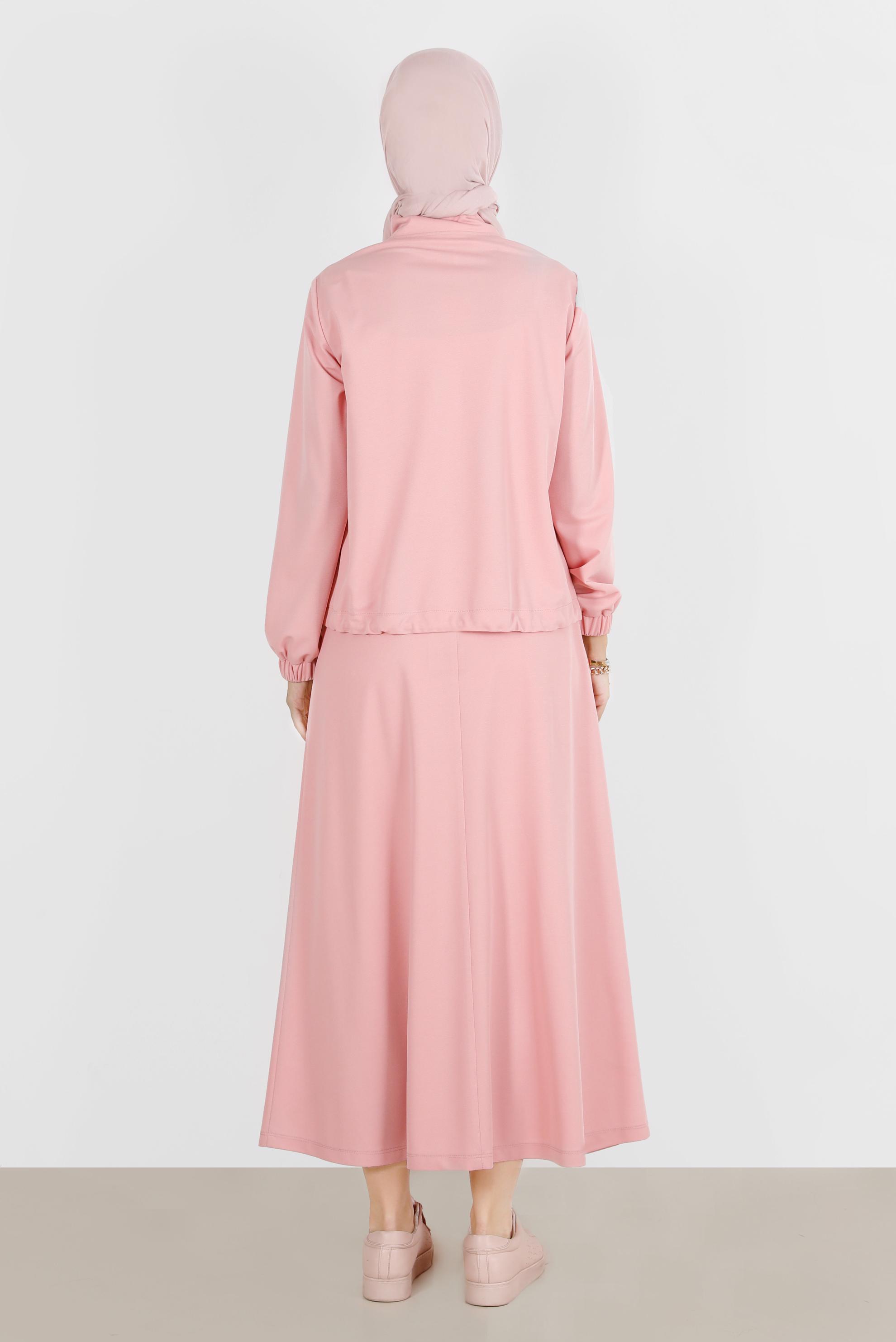 Tesettür giyim PUDRA MANŞETLERİ LASTİKLİ FERMUARLI İKİLİ ETEKLİ EŞOFMAN TAKIMI 42847 