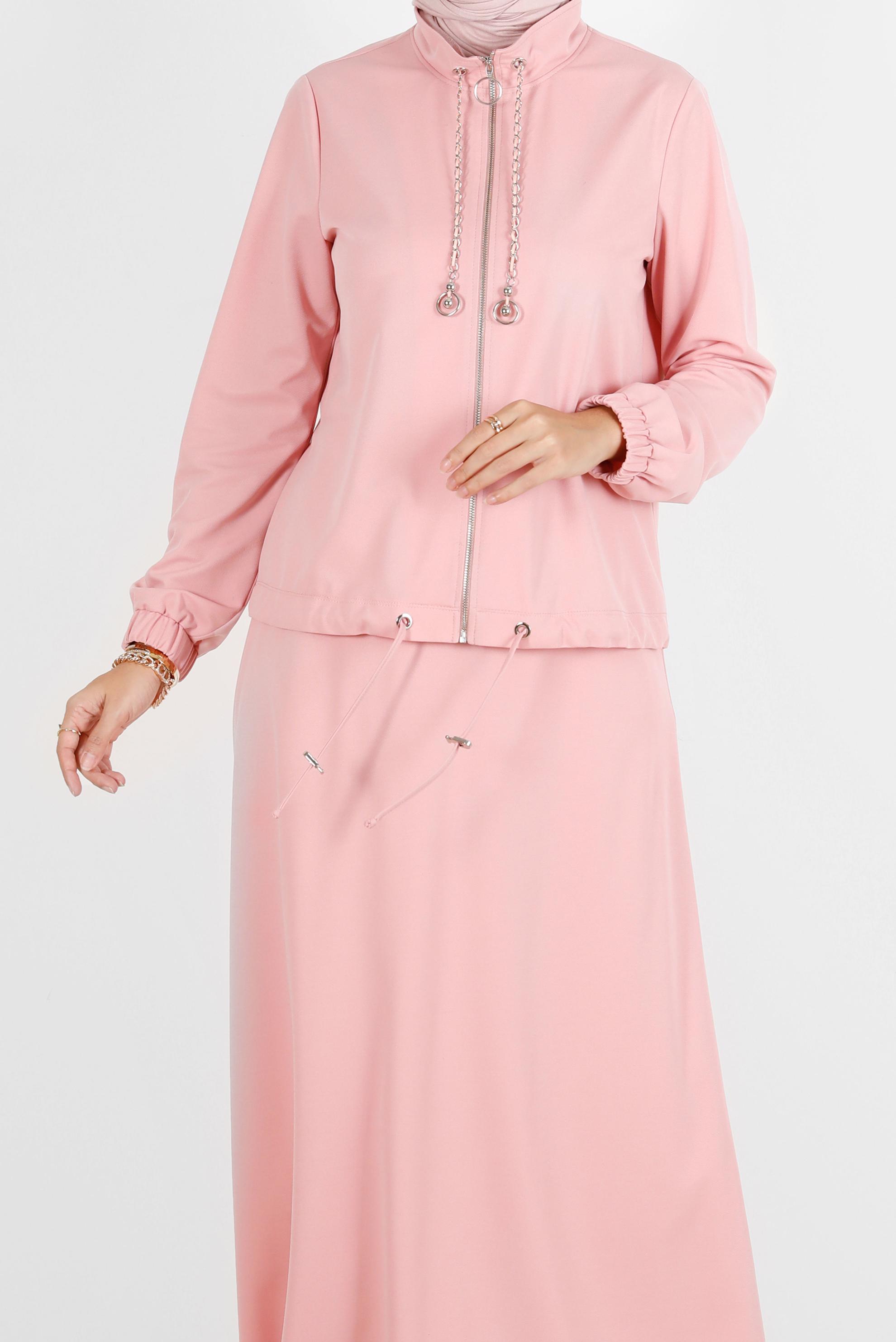 Tesettür giyim PUDRA MANŞETLERİ LASTİKLİ FERMUARLI İKİLİ ETEKLİ EŞOFMAN TAKIMI 42847 
