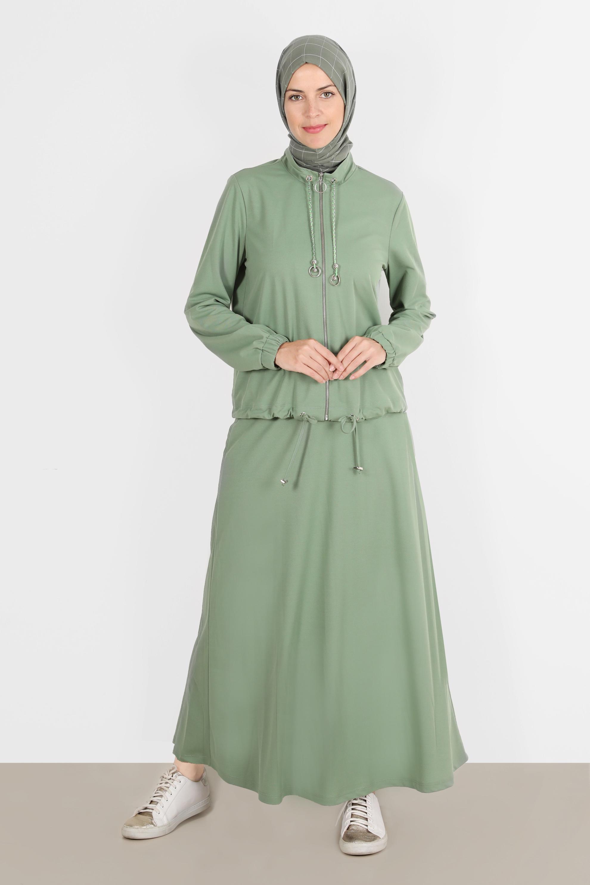 Tesettür giyim YEŞİL MANŞETLERİ LASTİKLİ FERMUARLI İKİLİ ETEKLİ EŞOFMAN TAKIMI 42847 