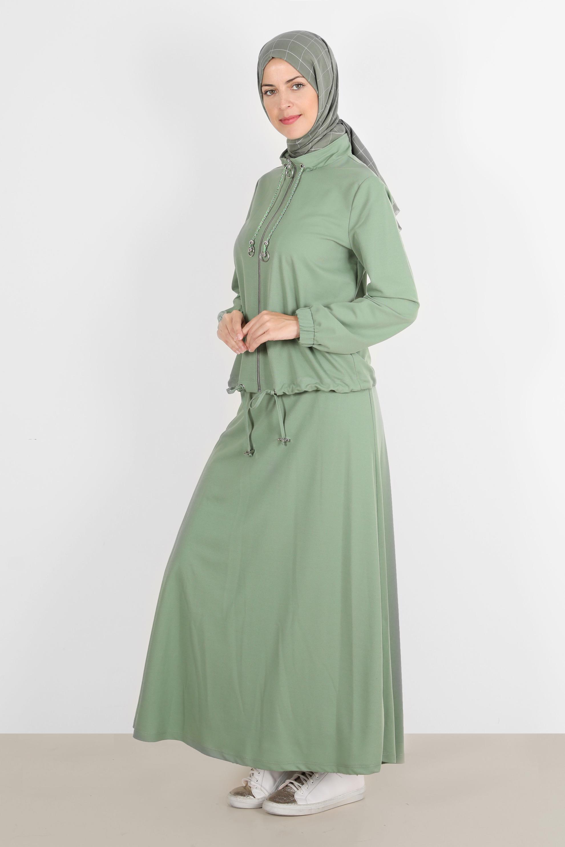 Tesettür giyim YEŞİL MANŞETLERİ LASTİKLİ FERMUARLI İKİLİ ETEKLİ EŞOFMAN TAKIMI 42847 