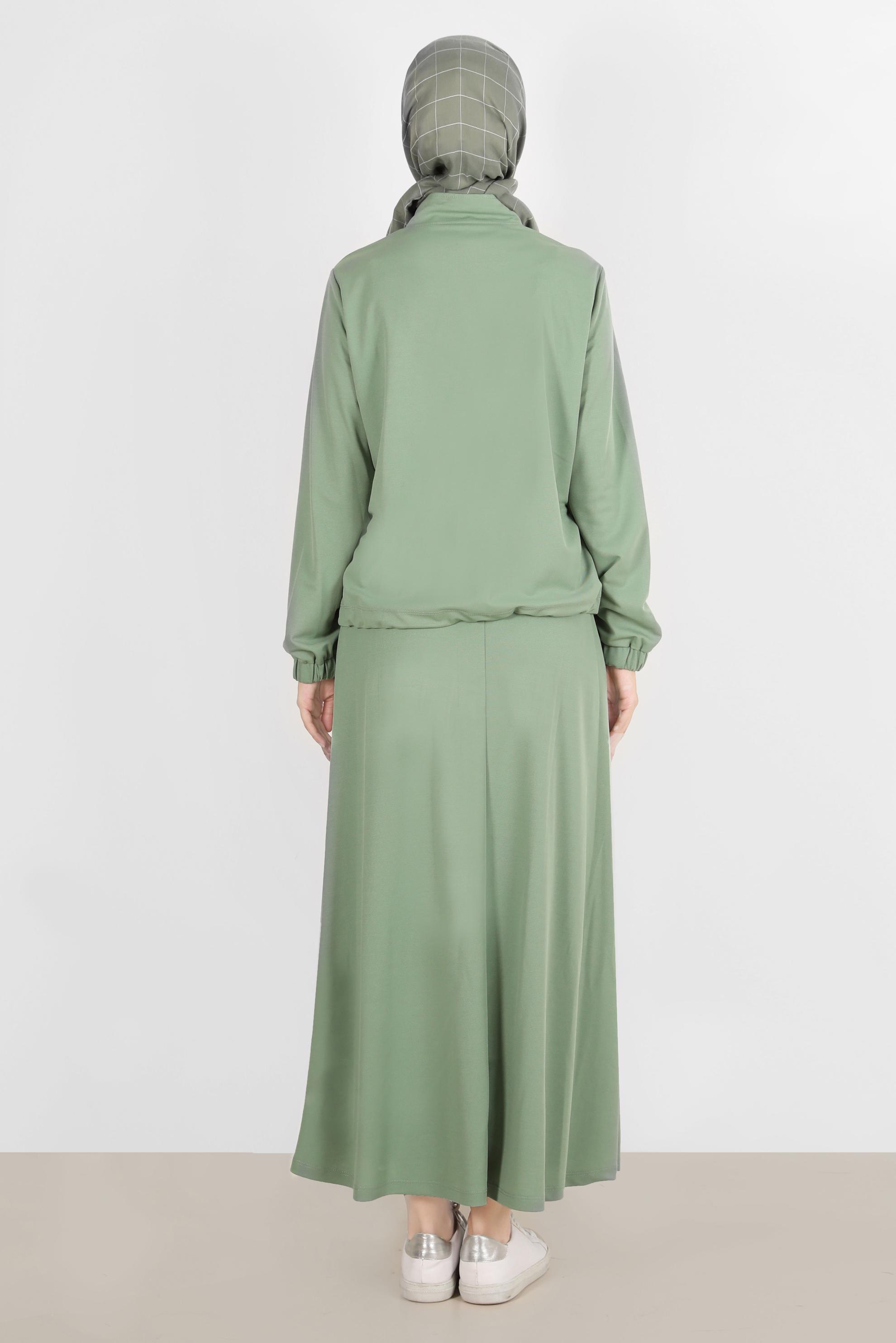 Tesettür giyim YEŞİL MANŞETLERİ LASTİKLİ FERMUARLI İKİLİ ETEKLİ EŞOFMAN TAKIMI 42847 
