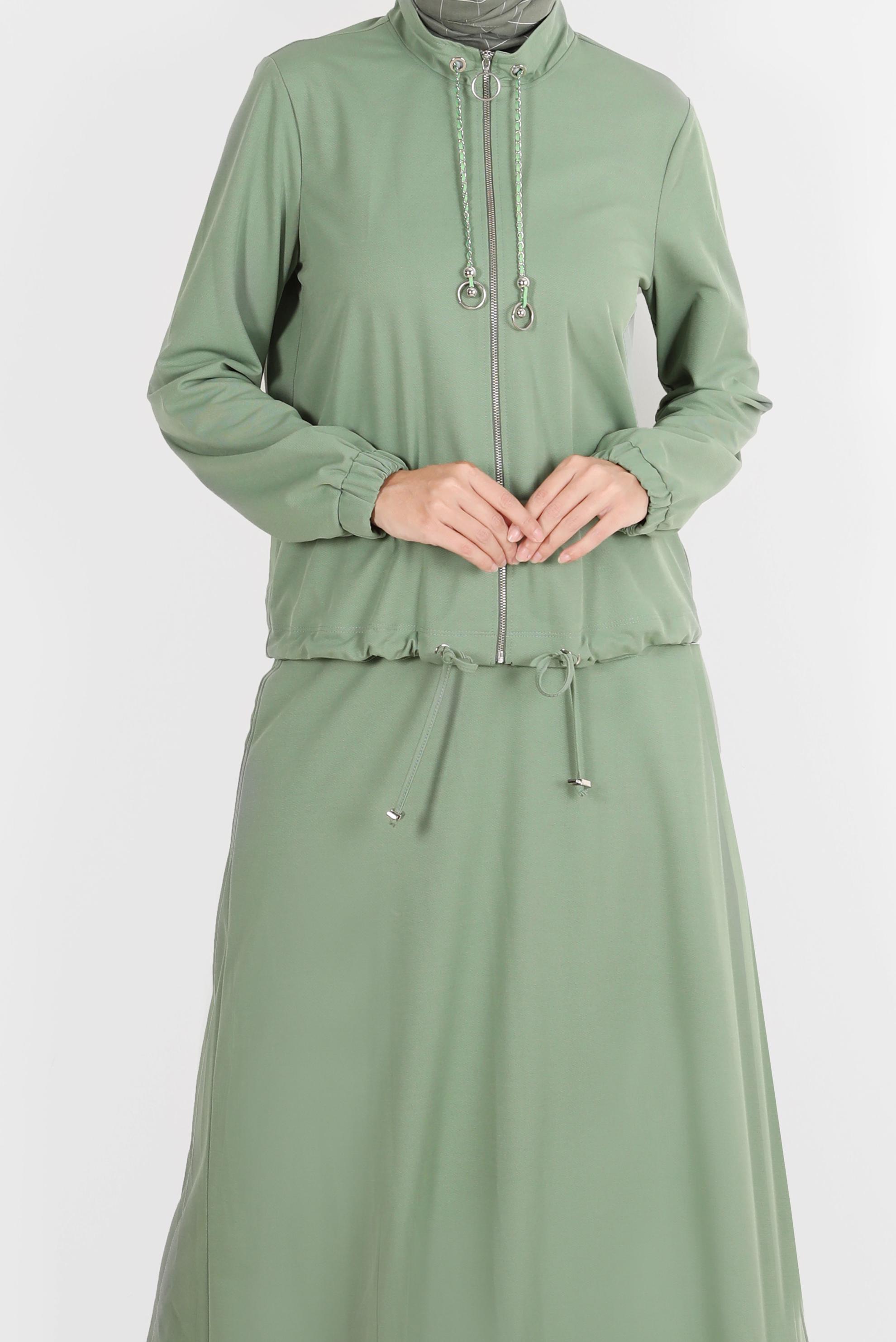 Tesettür giyim YEŞİL MANŞETLERİ LASTİKLİ FERMUARLI İKİLİ ETEKLİ EŞOFMAN TAKIMI 42847 