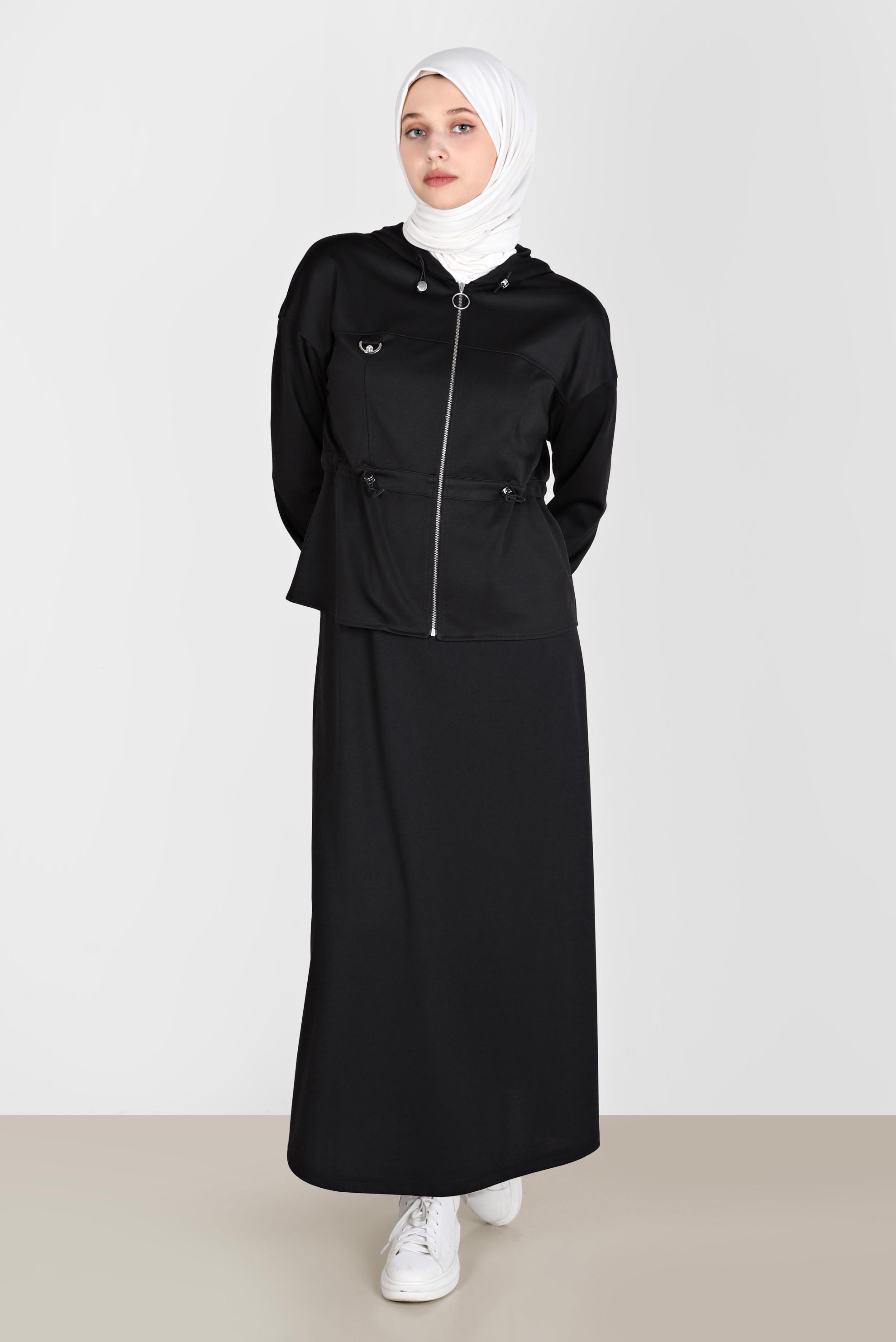 Hijab clothing BLACK ZIPPERED HOODED 2-PIECE SKIRTED TRACKSUIT SET 42848 