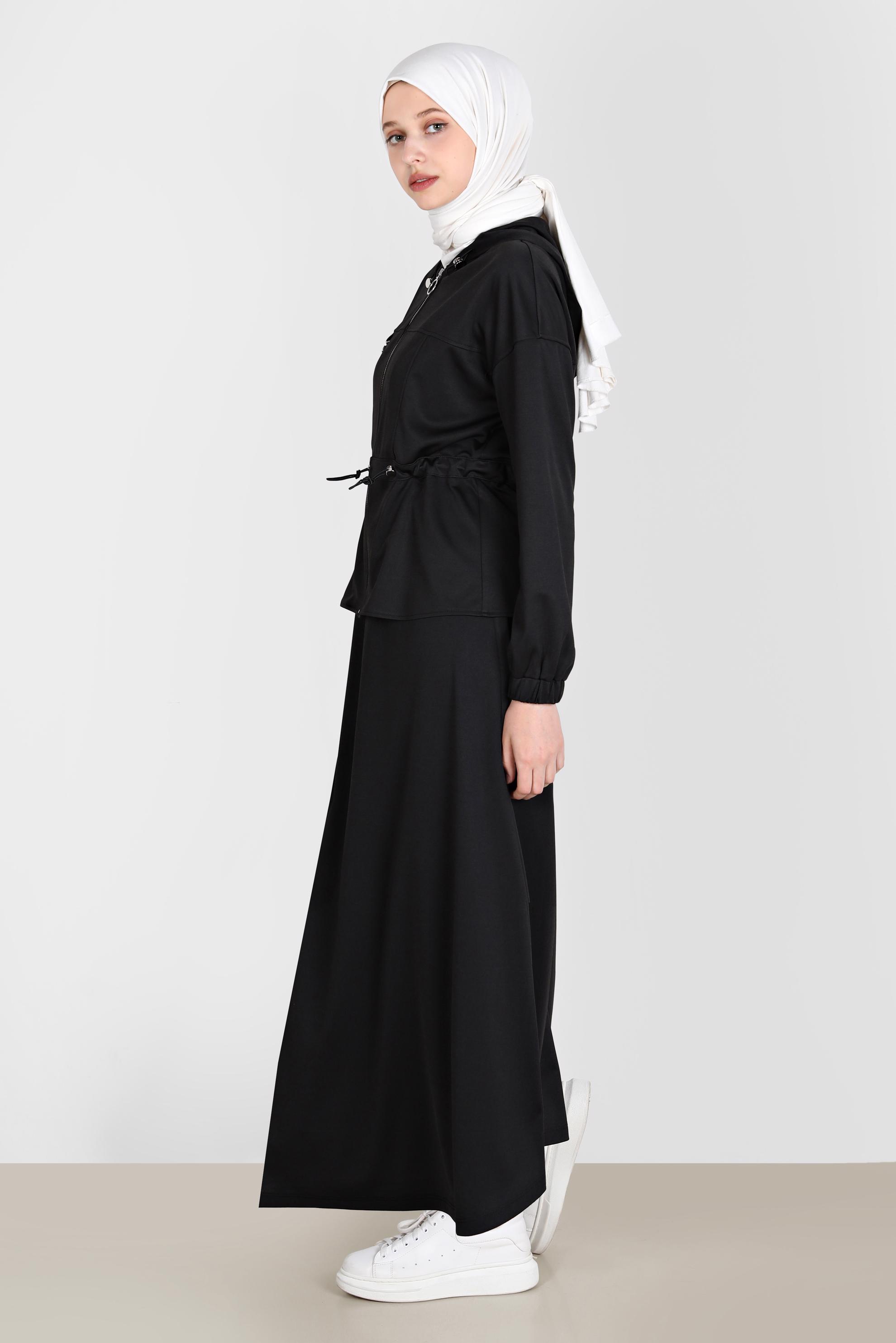 Hijab clothing BLACK ZIPPERED HOODED 2-PIECE SKIRTED TRACKSUIT SET 42848 
