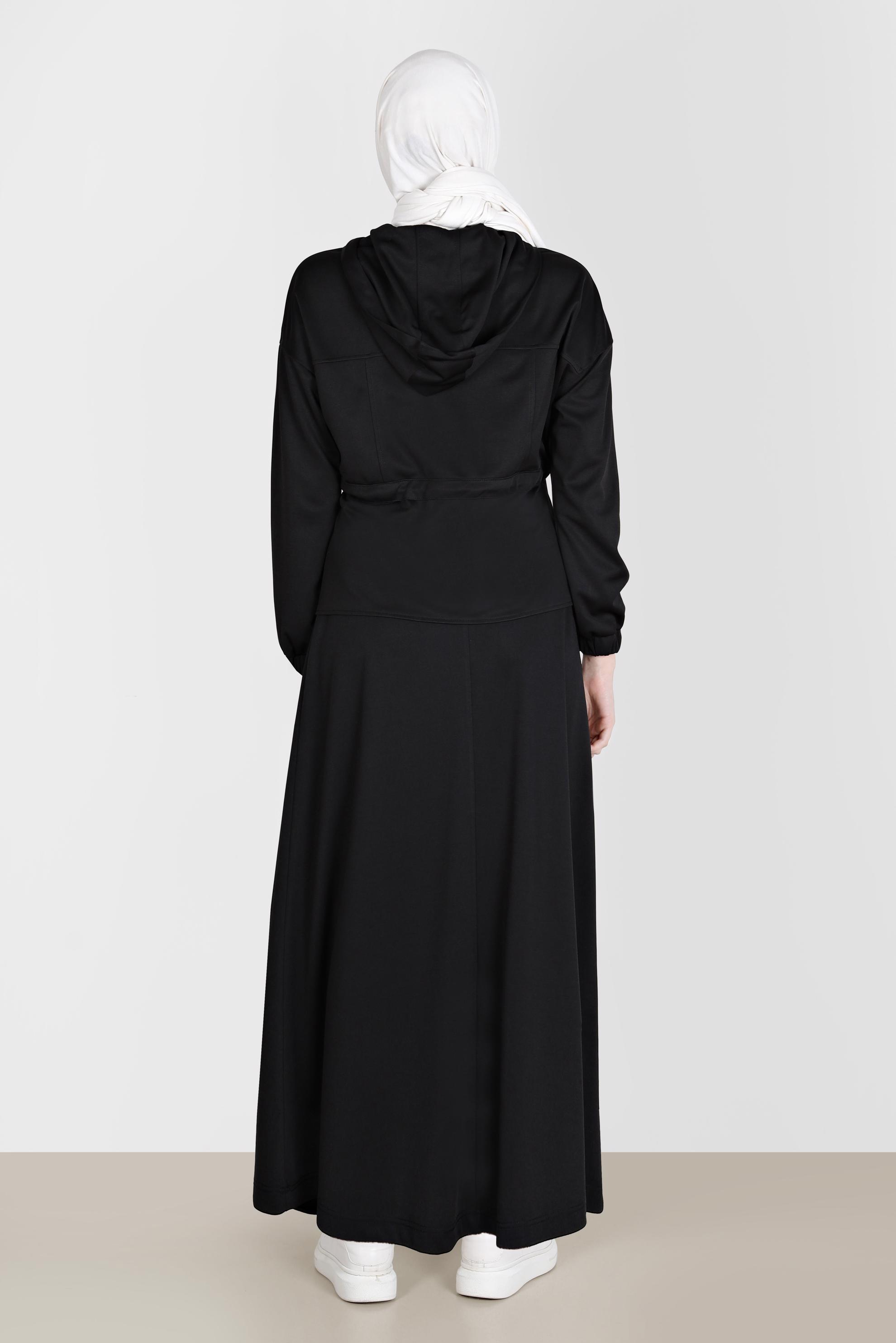 Hijab clothing BLACK ZIPPERED HOODED 2-PIECE SKIRTED TRACKSUIT SET 42848 