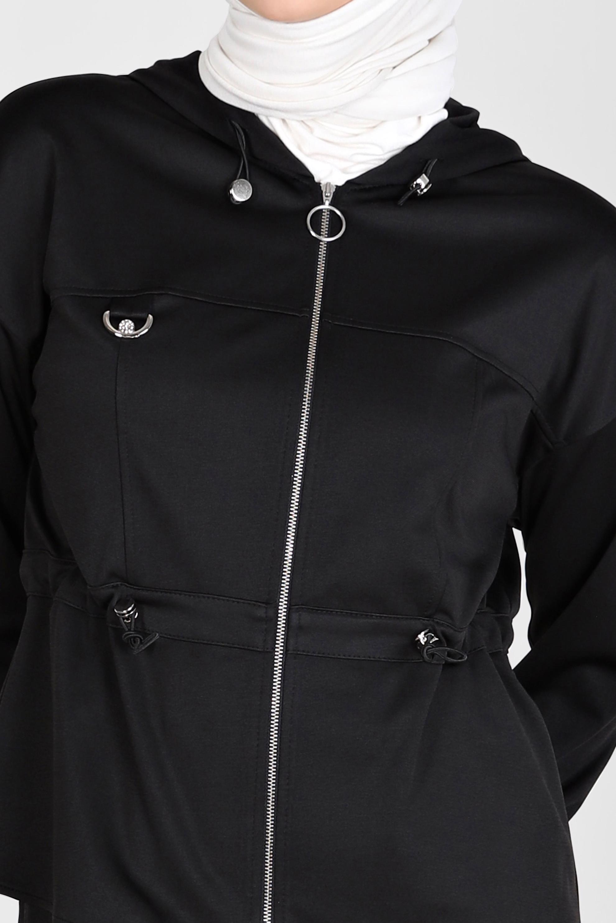 Hijab clothing BLACK ZIPPERED HOODED 2-PIECE SKIRTED TRACKSUIT SET 42848 