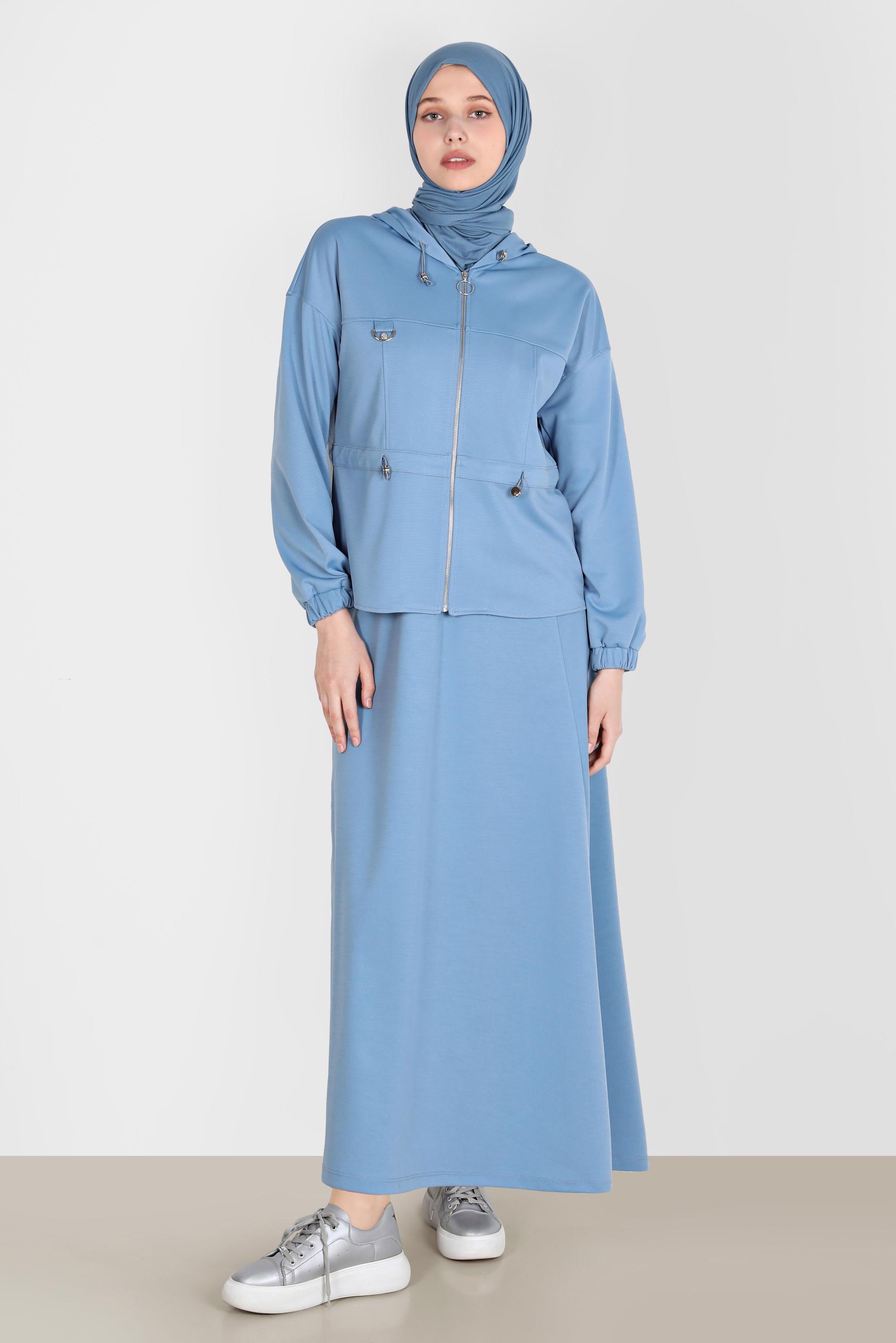 Tesettür giyim MAVİ FERMUARLI KAPÜŞONLU İKİLİ ETEKLİ EŞOFMAN TAKIM 42848 