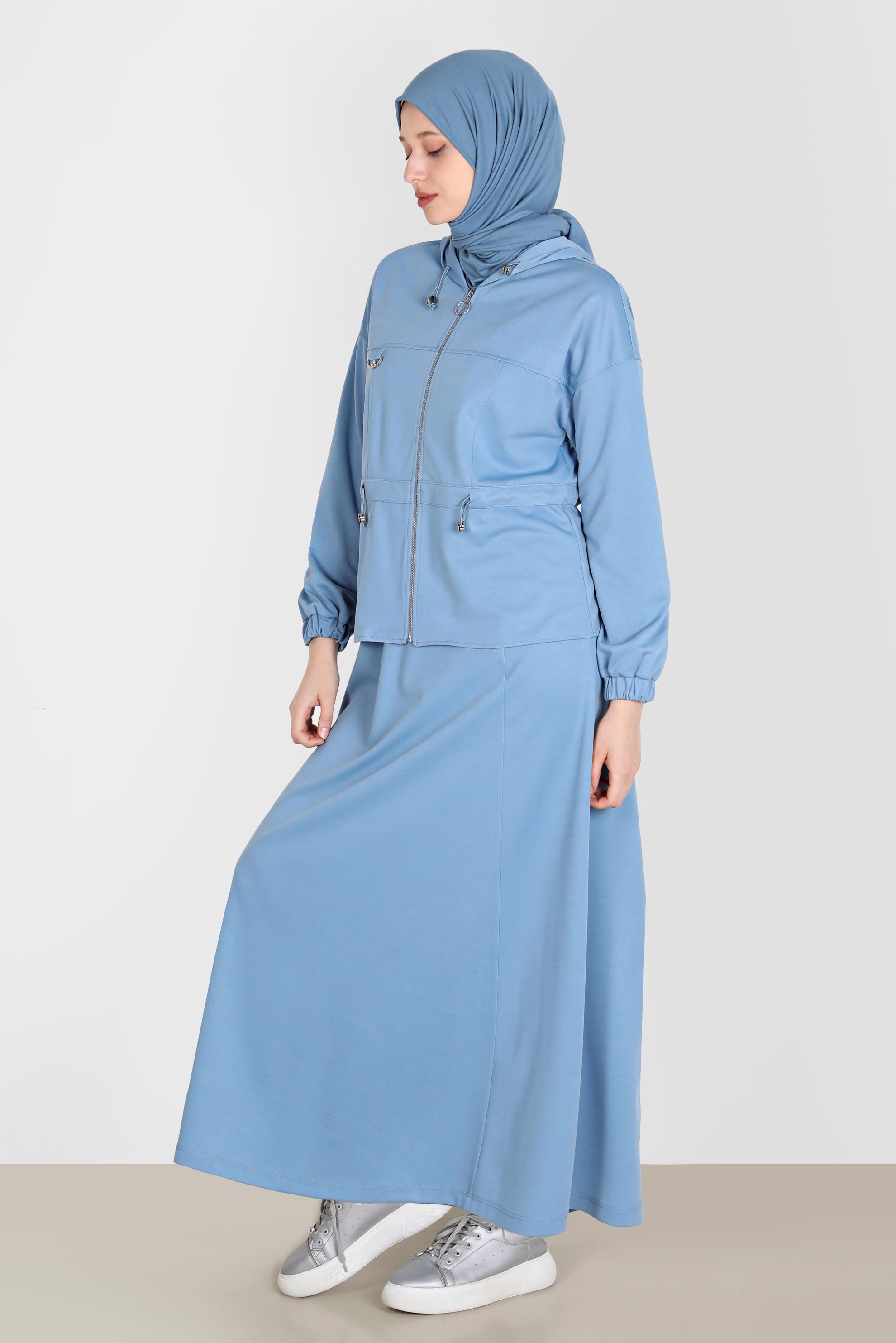 Tesettür giyim MAVİ FERMUARLI KAPÜŞONLU İKİLİ ETEKLİ EŞOFMAN TAKIM 42848 