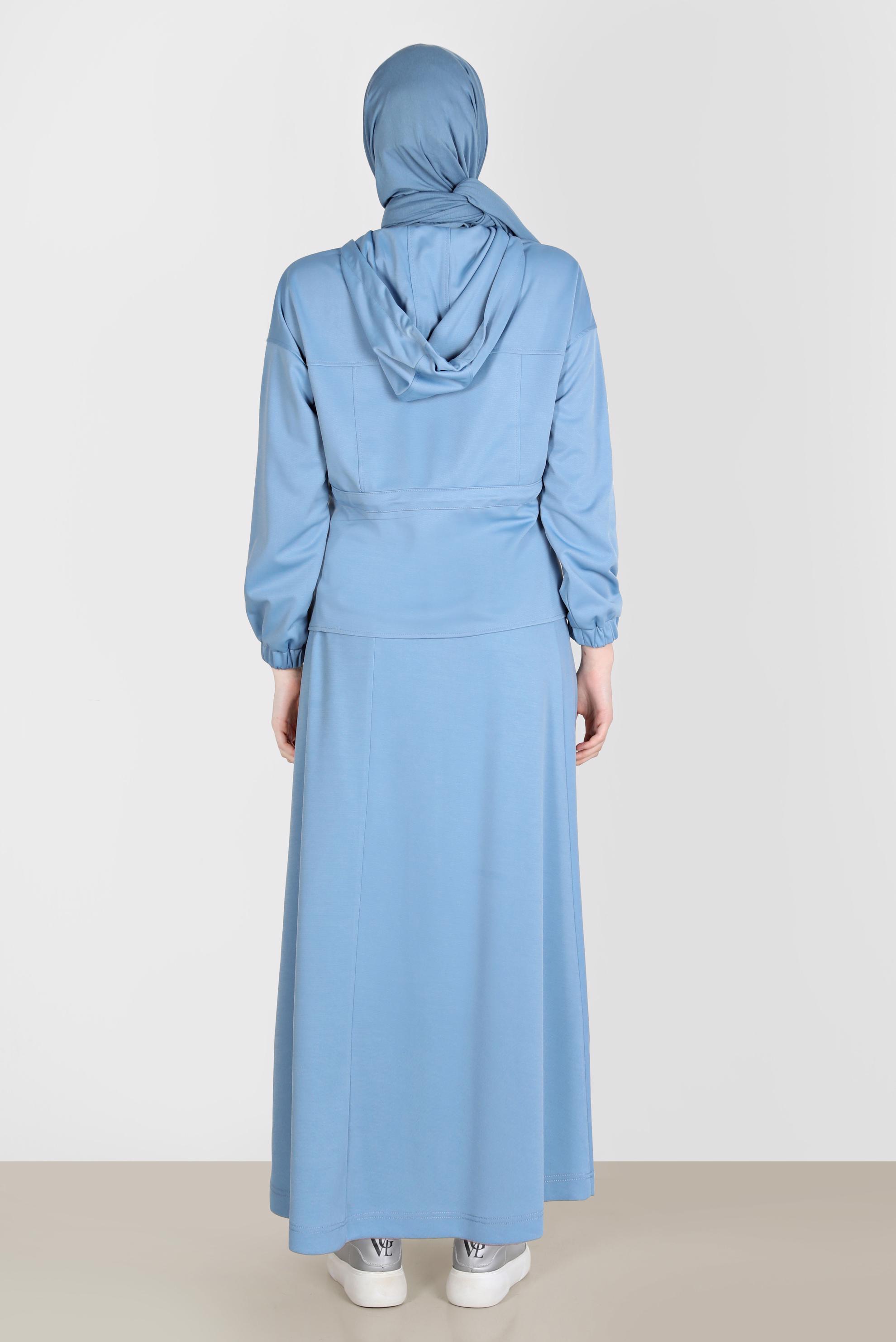 Tesettür giyim MAVİ FERMUARLI KAPÜŞONLU İKİLİ ETEKLİ EŞOFMAN TAKIM 42848 