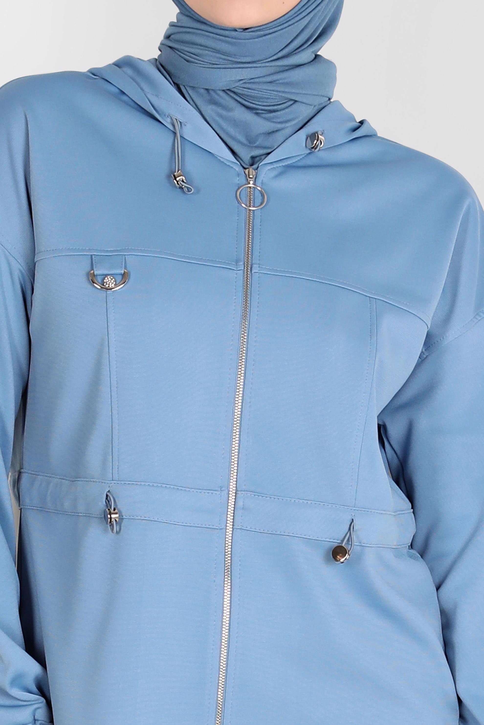 Tesettür giyim MAVİ FERMUARLI KAPÜŞONLU İKİLİ ETEKLİ EŞOFMAN TAKIM 42848 