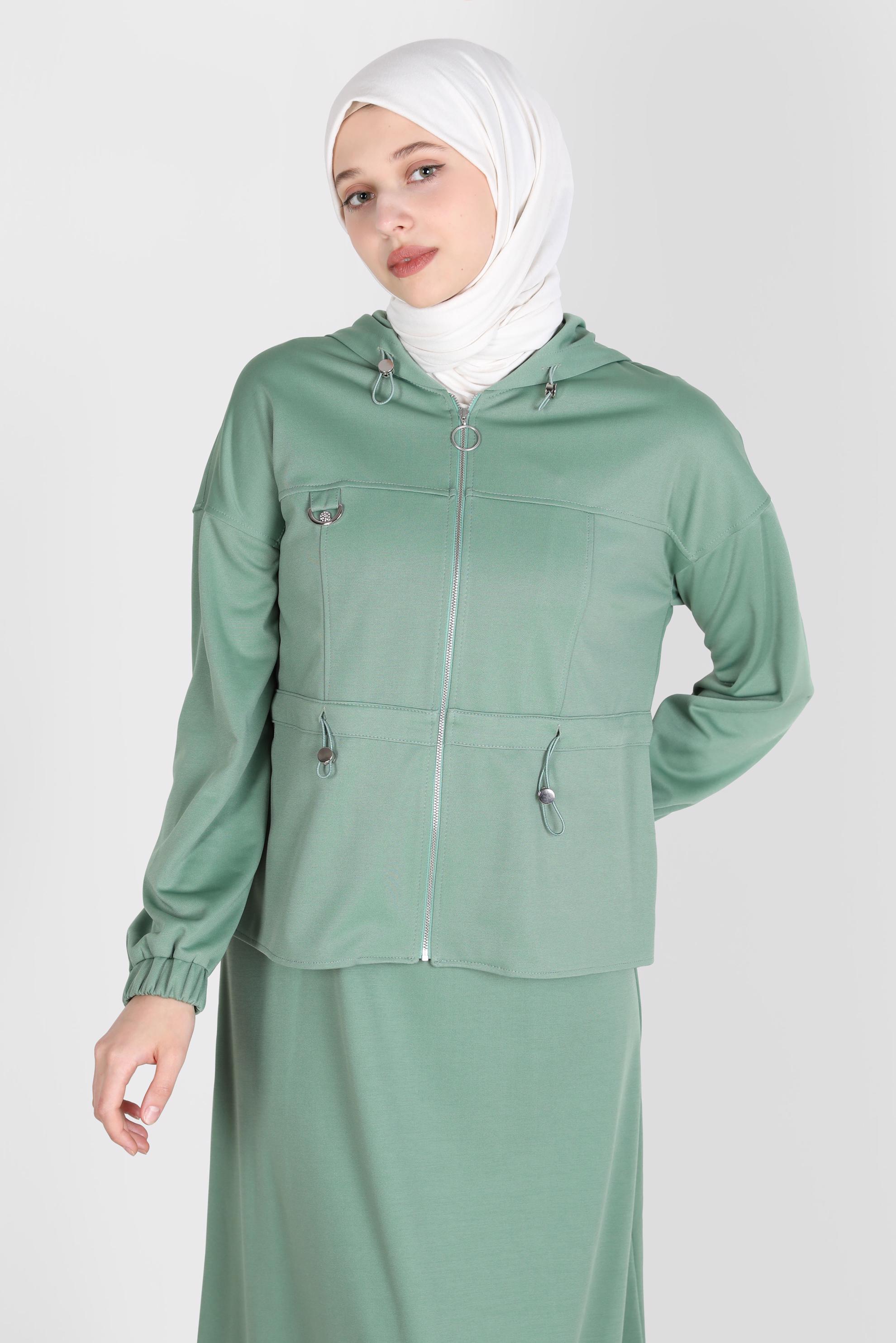 Hijab clothing GREEN ZIPPERED HOODED 2-PIECE SKIRTED TRACKSUIT SET 42848 