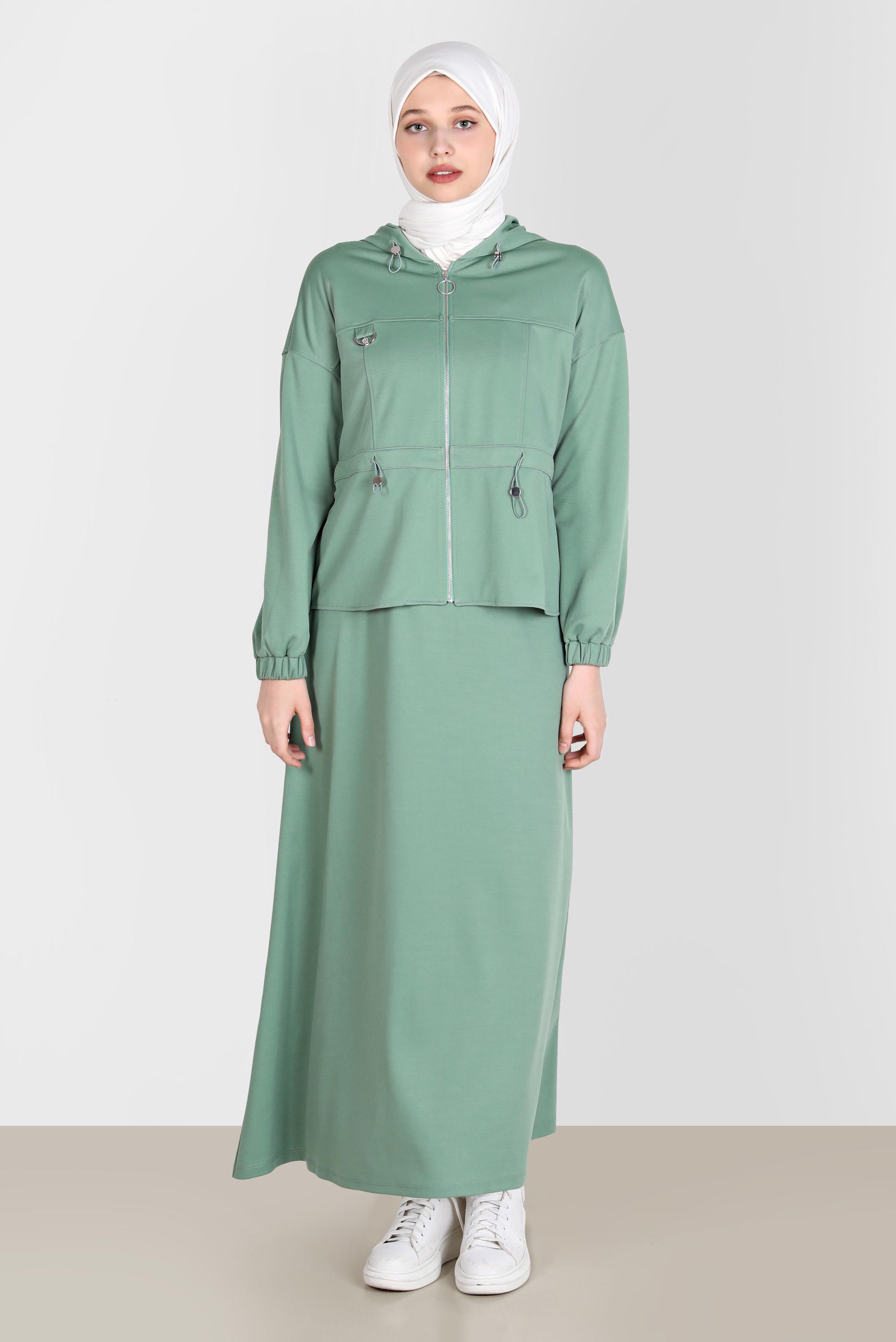 Hijab clothing GREEN ZIPPERED HOODED 2-PIECE SKIRTED TRACKSUIT SET 42848 