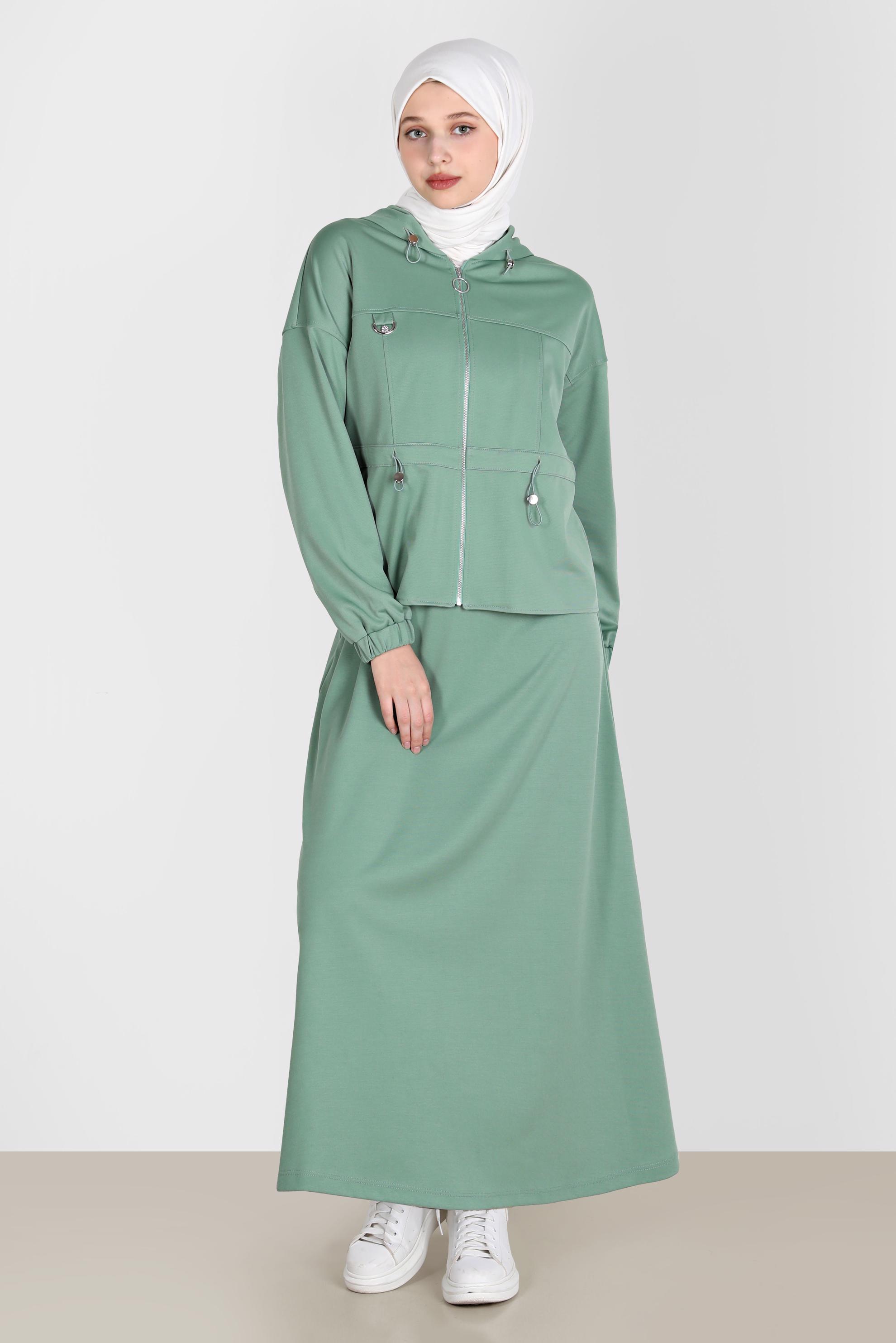 Hijab clothing GREEN ZIPPERED HOODED 2-PIECE SKIRTED TRACKSUIT SET 42848 