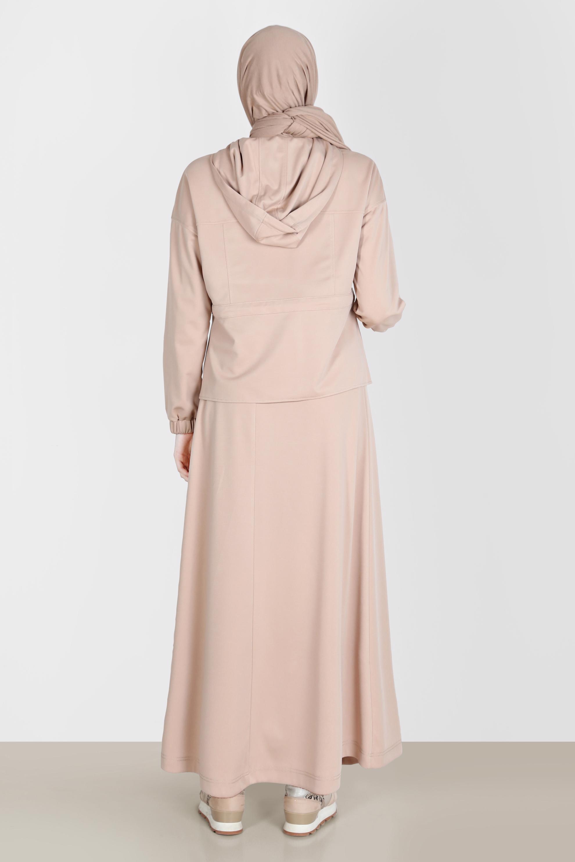 Tesettür giyim BEJ FERMUARLI KAPÜŞONLU İKİLİ ETEKLİ EŞOFMAN TAKIM 42848 