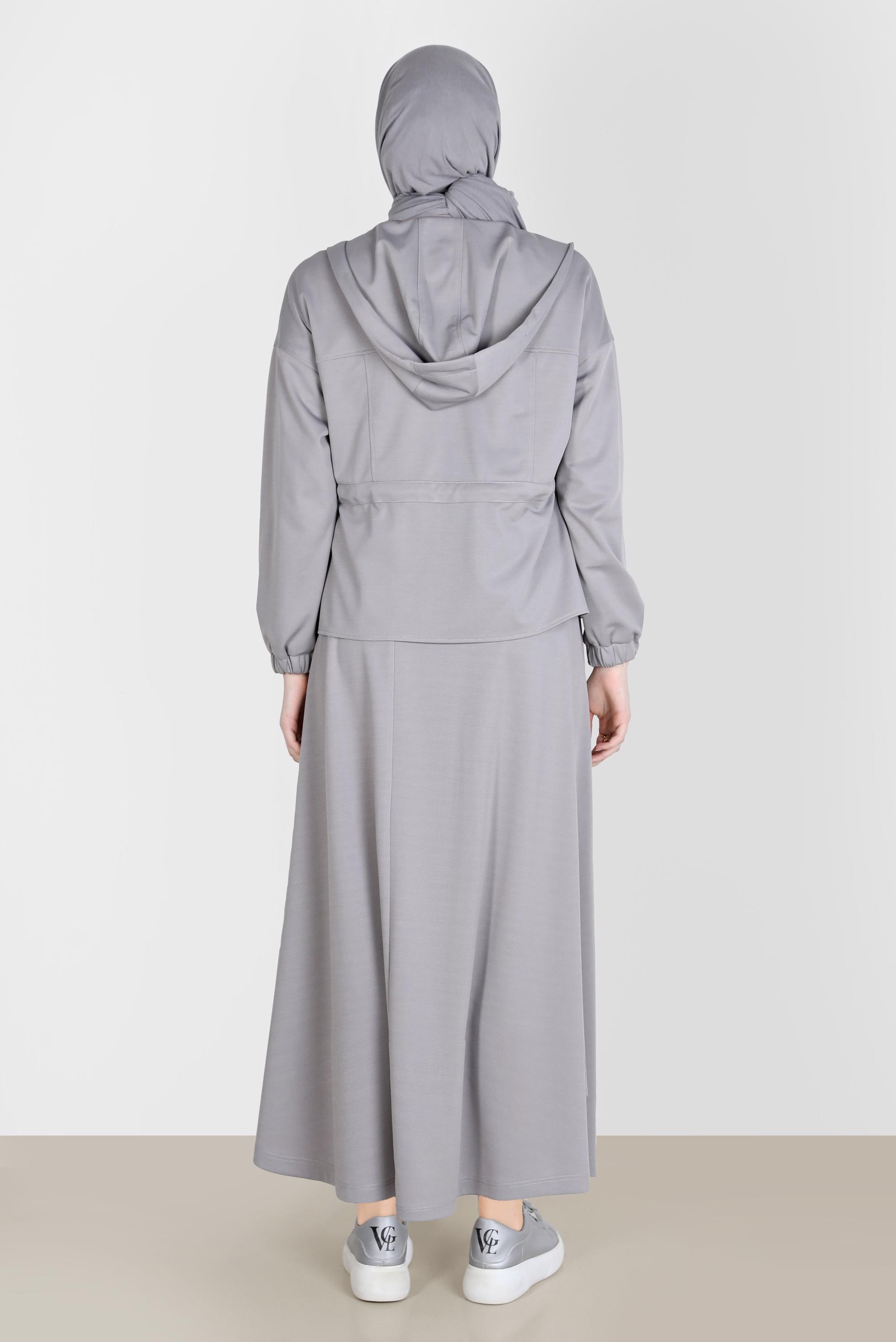 Tesettür giyim GRİ FERMUARLI KAPÜŞONLU İKİLİ ETEKLİ EŞOFMAN TAKIM 42848 