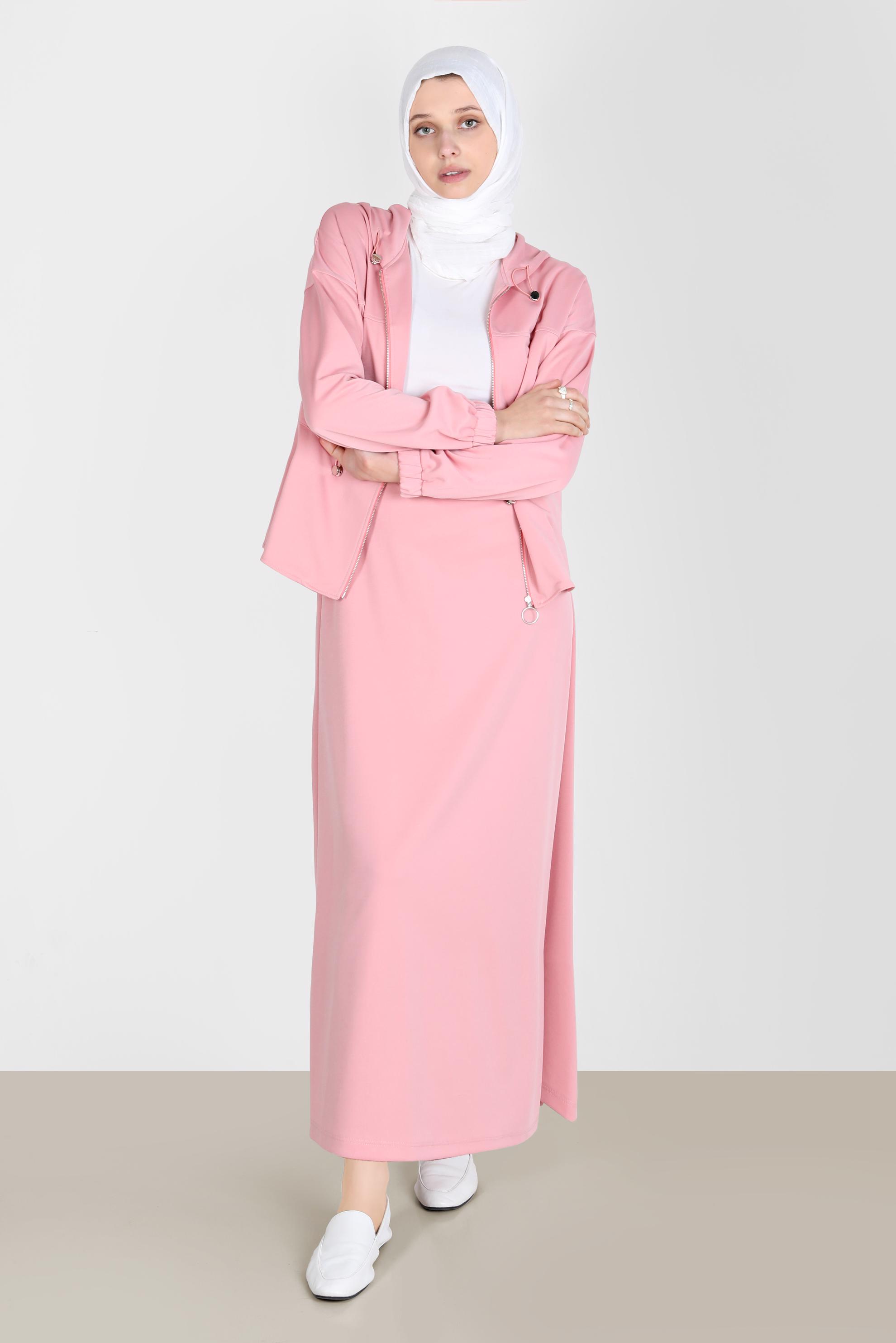 Tesettür giyim PUDRA FERMUARLI KAPÜŞONLU İKİLİ ETEKLİ EŞOFMAN TAKIM 42848 