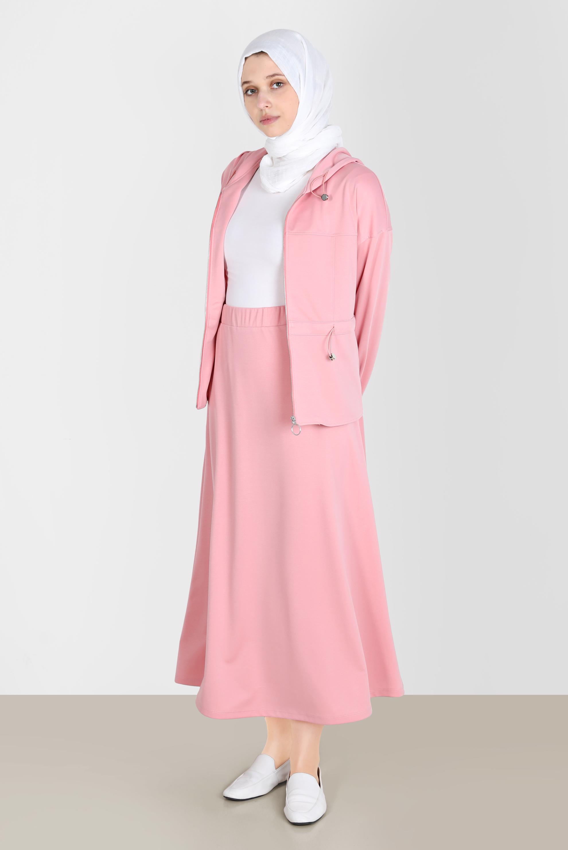 Tesettür giyim PUDRA FERMUARLI KAPÜŞONLU İKİLİ ETEKLİ EŞOFMAN TAKIM 42848 
