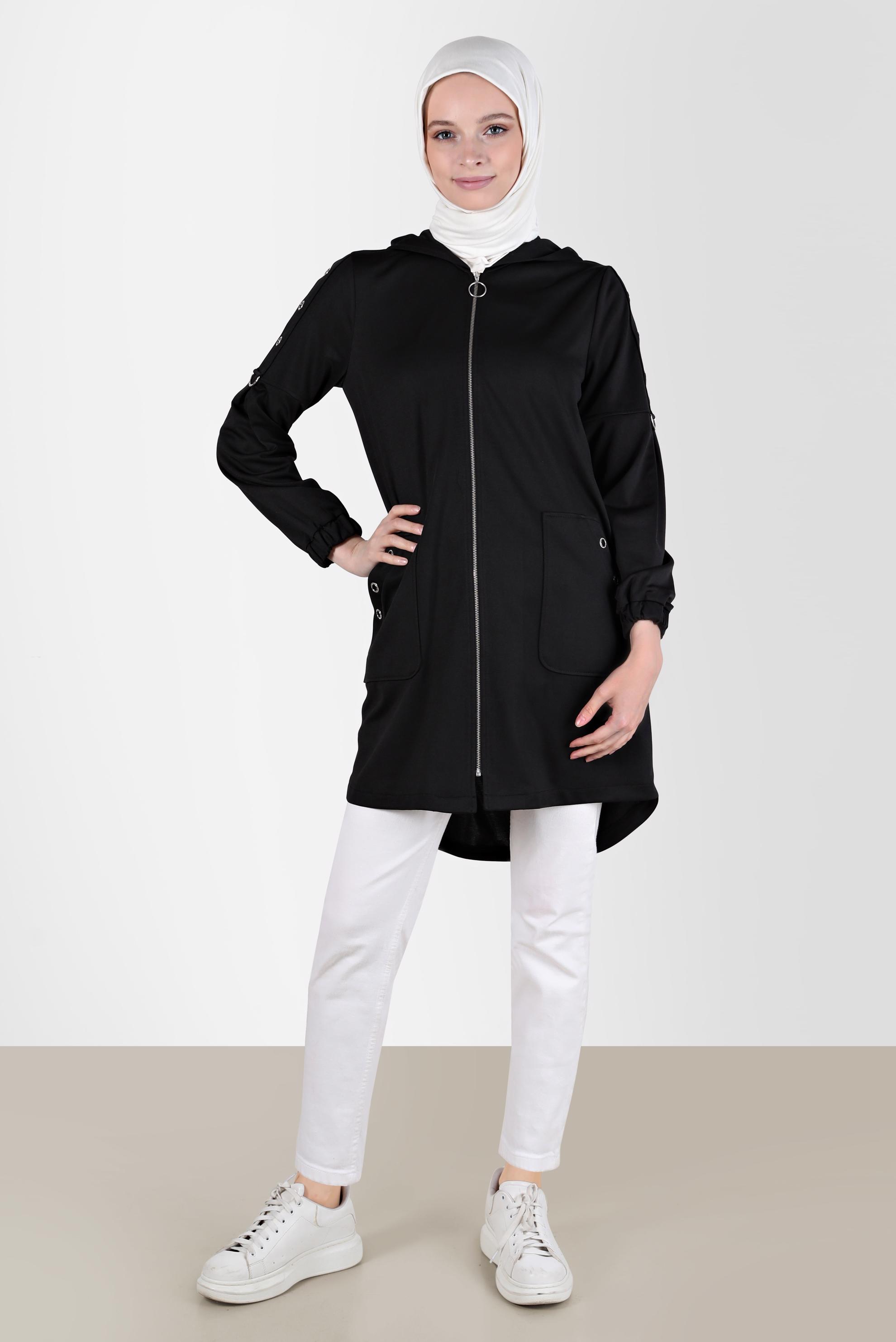 Tesettür giyim SİYAH KUŞGÖZÜ DETAYLI FERMUARLI EŞOFMAN TUNİK 42849