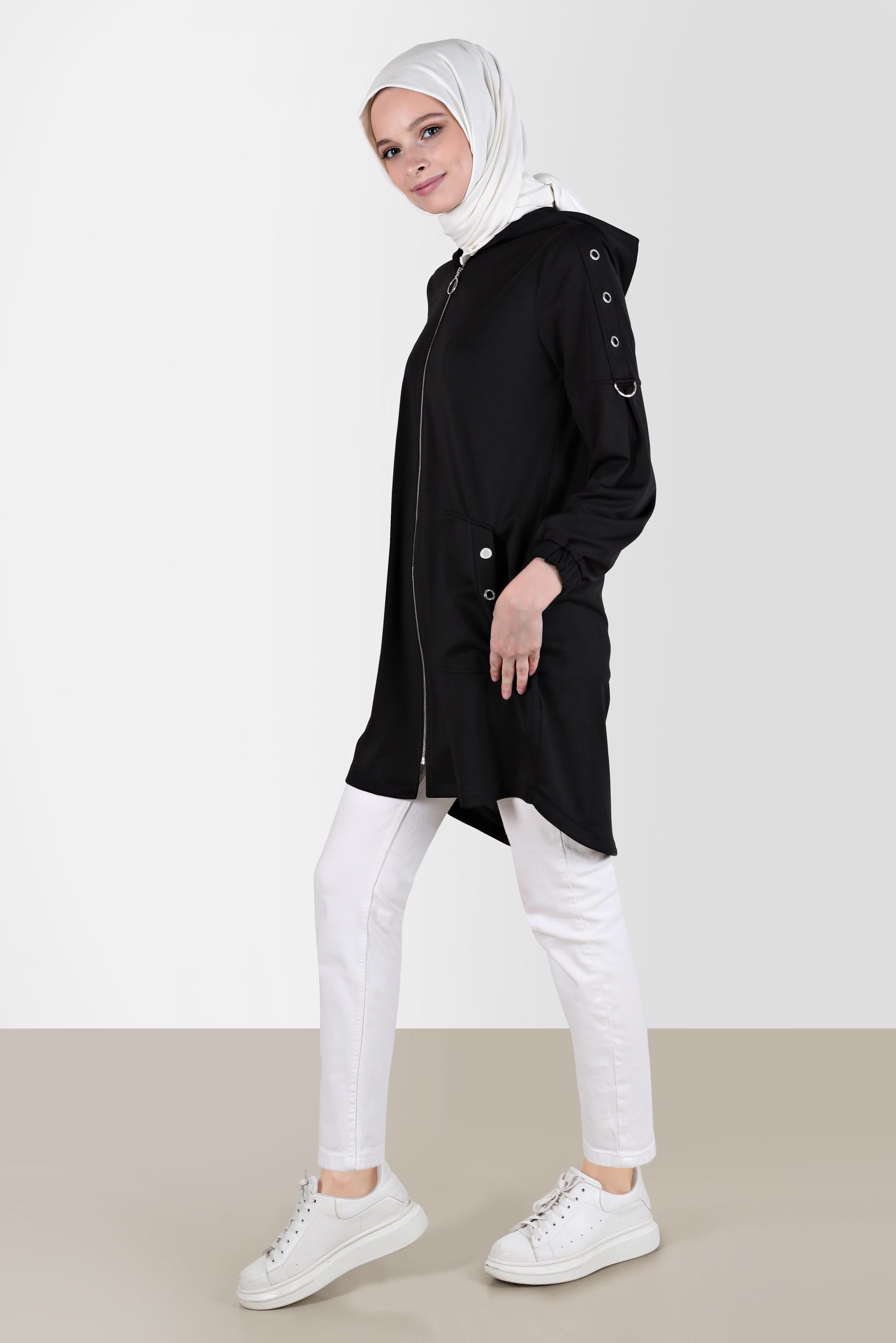 Tesettür giyim SİYAH KUŞGÖZÜ DETAYLI FERMUARLI EŞOFMAN TUNİK 42849