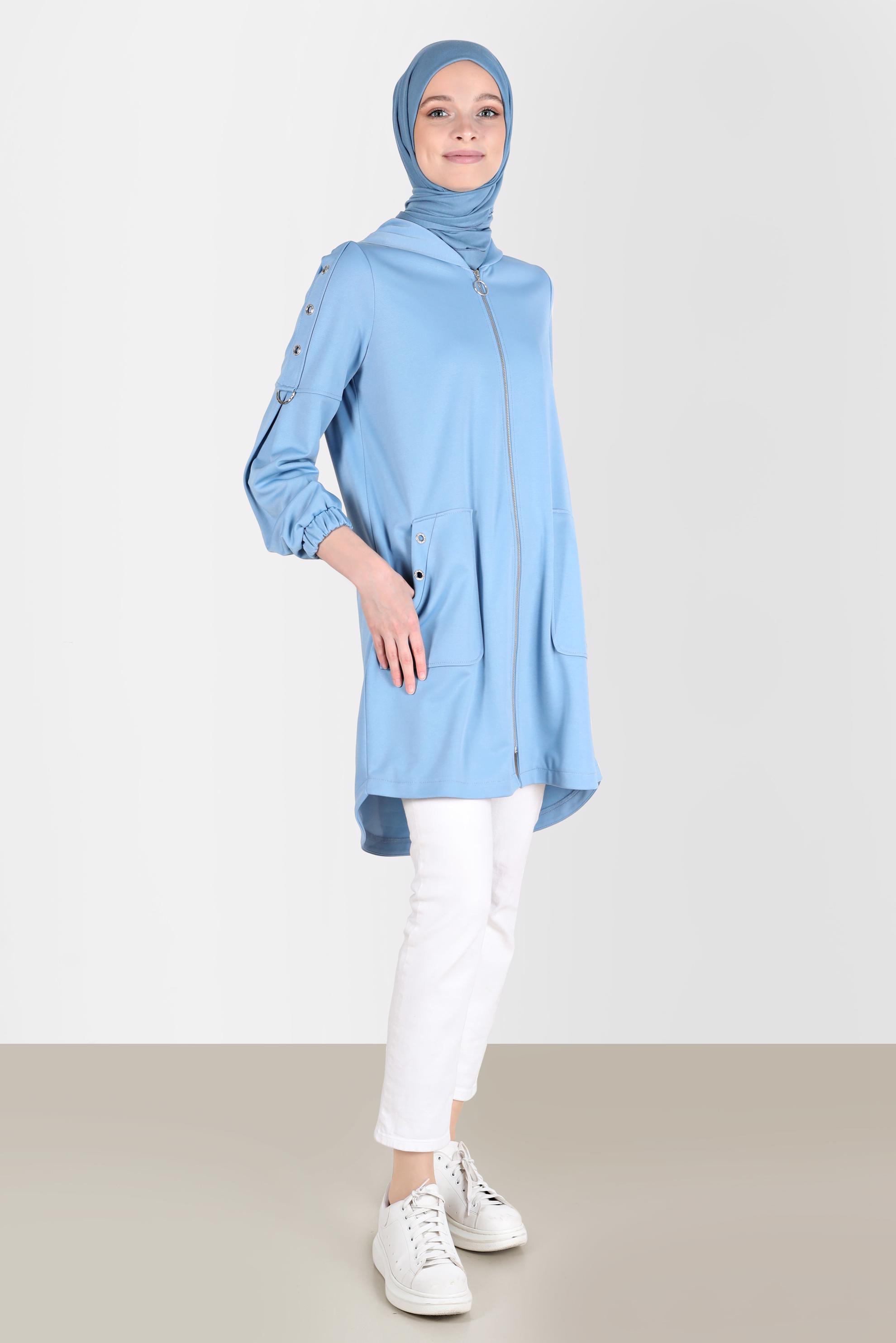 Tesettür giyim MAVİ KUŞGÖZÜ DETAYLI FERMUARLI EŞOFMAN TUNİK 42849