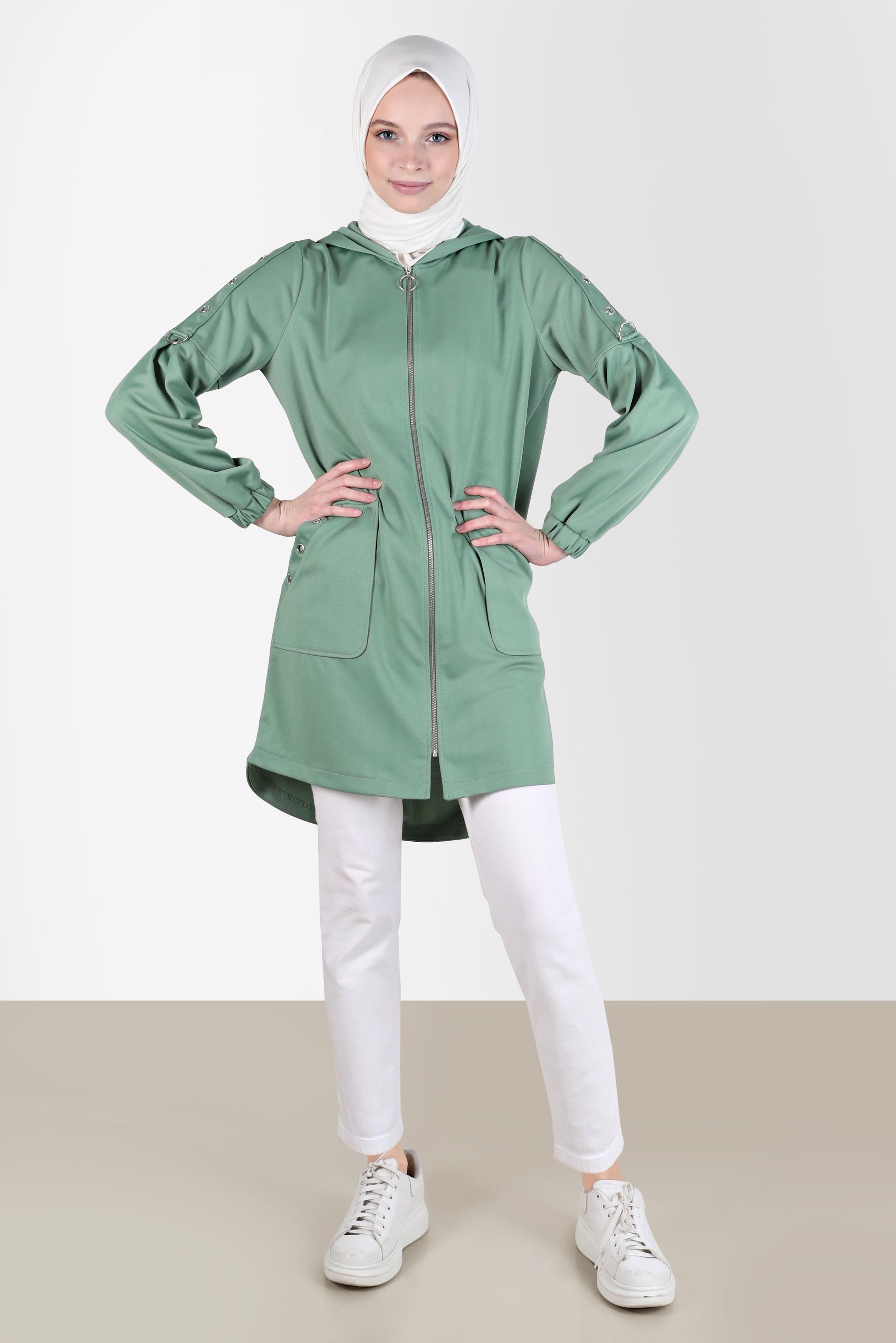 Tesettür giyim YEŞİL KUŞGÖZÜ DETAYLI FERMUARLI EŞOFMAN TUNİK 42849