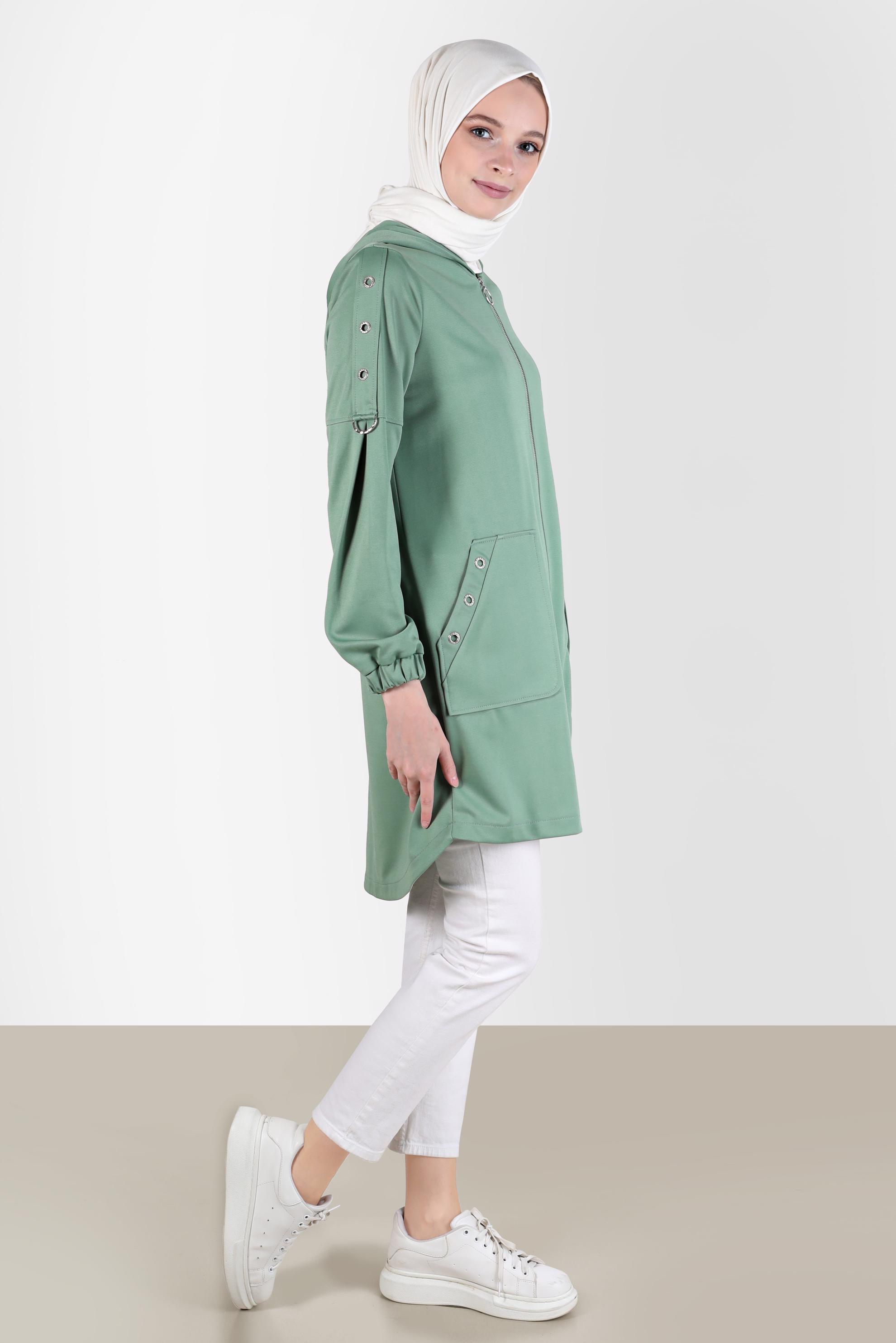 Tesettür giyim YEŞİL KUŞGÖZÜ DETAYLI FERMUARLI EŞOFMAN TUNİK 42849