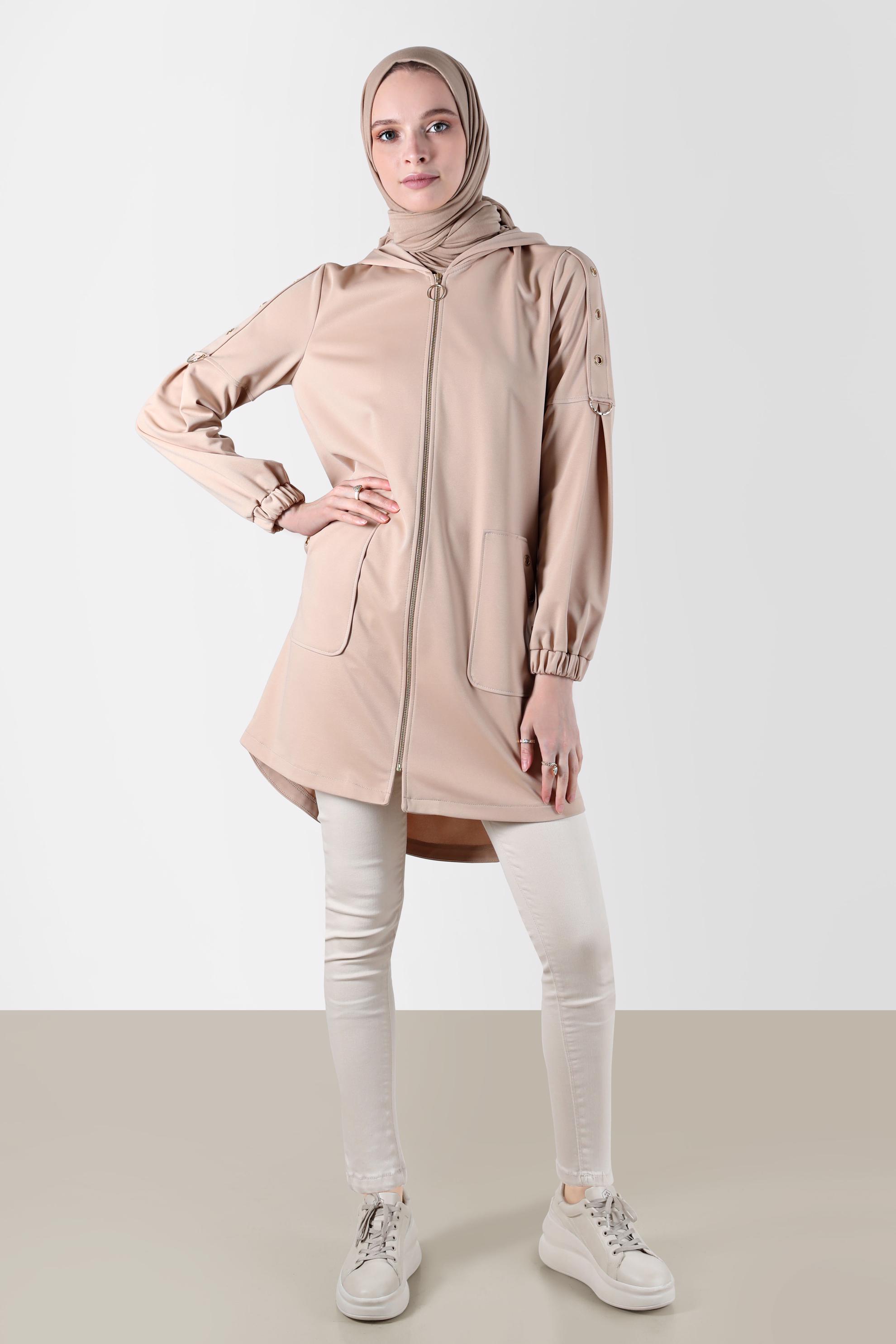 Tesettür giyim BEJ KUŞGÖZÜ DETAYLI FERMUARLI EŞOFMAN TUNİK 42849