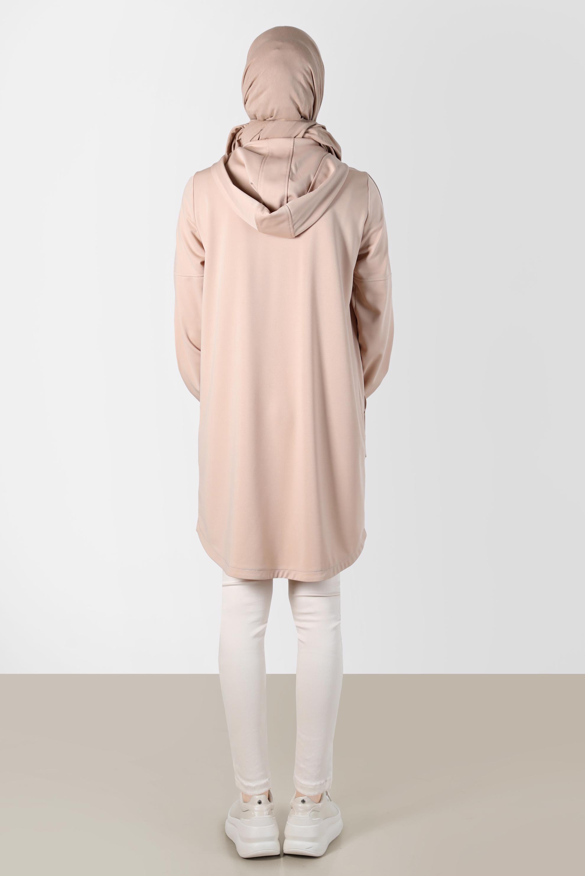 Tesettür giyim BEJ KUŞGÖZÜ DETAYLI FERMUARLI EŞOFMAN TUNİK 42849