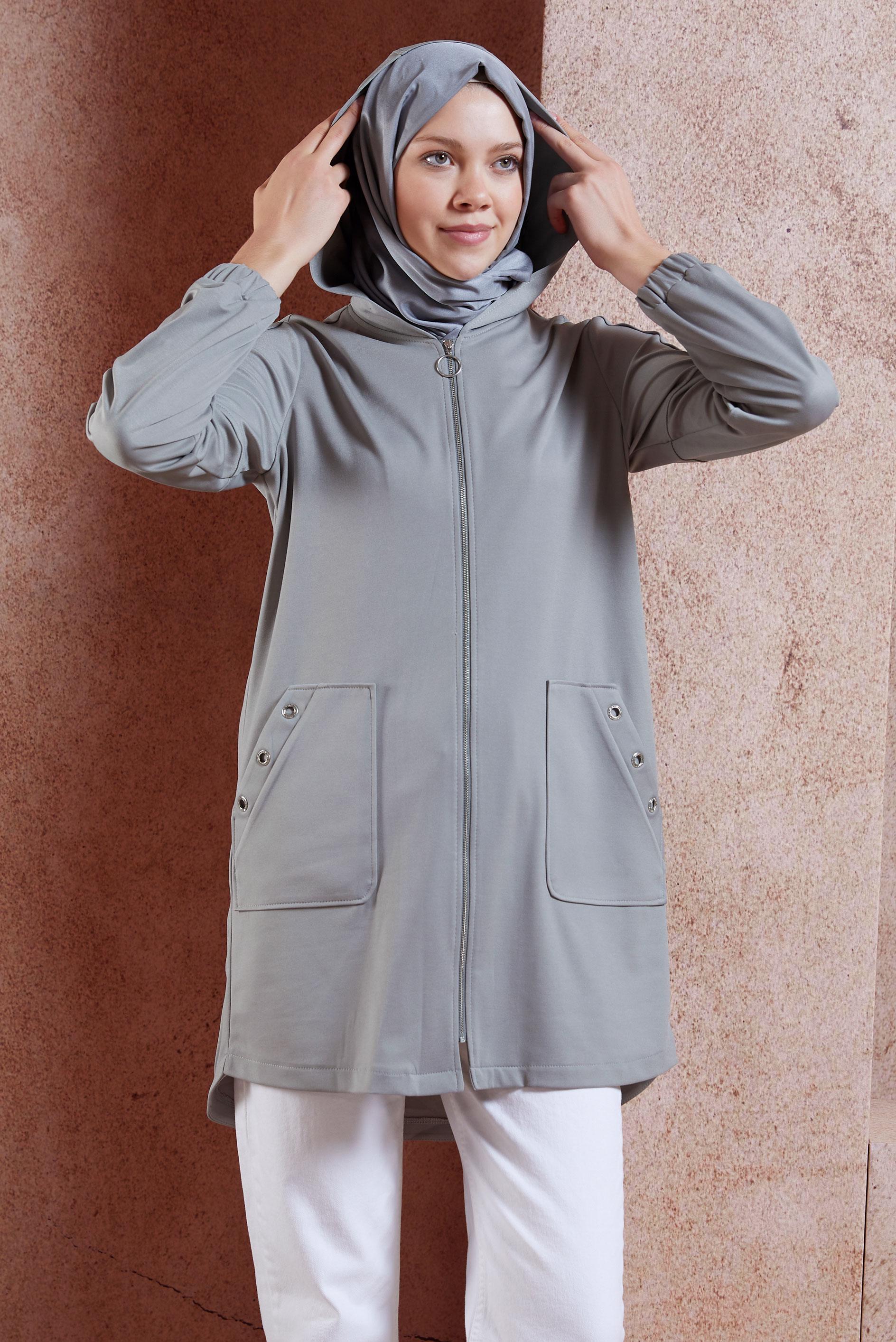 Tesettür giyim GRİ KUŞGÖZÜ DETAYLI FERMUARLI EŞOFMAN TUNİK 42849