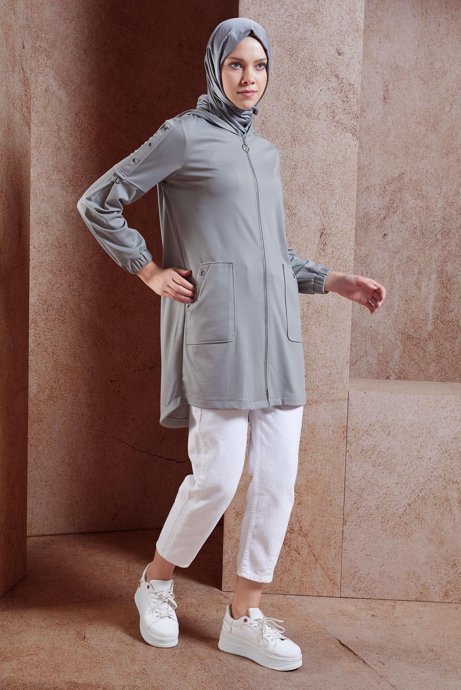 Tesettür giyim GRİ KUŞGÖZÜ DETAYLI FERMUARLI EŞOFMAN TUNİK 42849