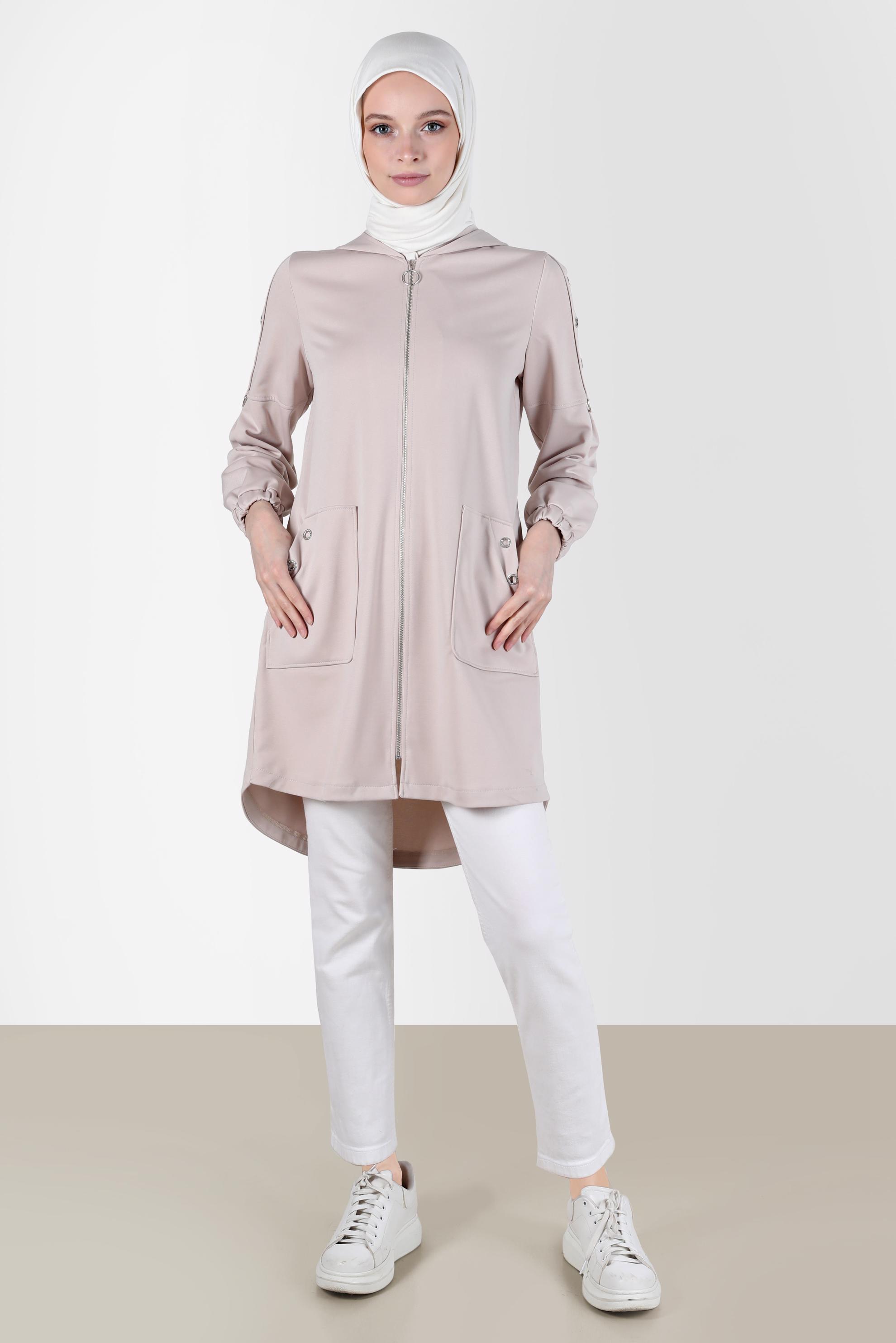 Tesettür giyim BEJ KUŞGÖZÜ DETAYLI FERMUARLI EŞOFMAN TUNİK 42849