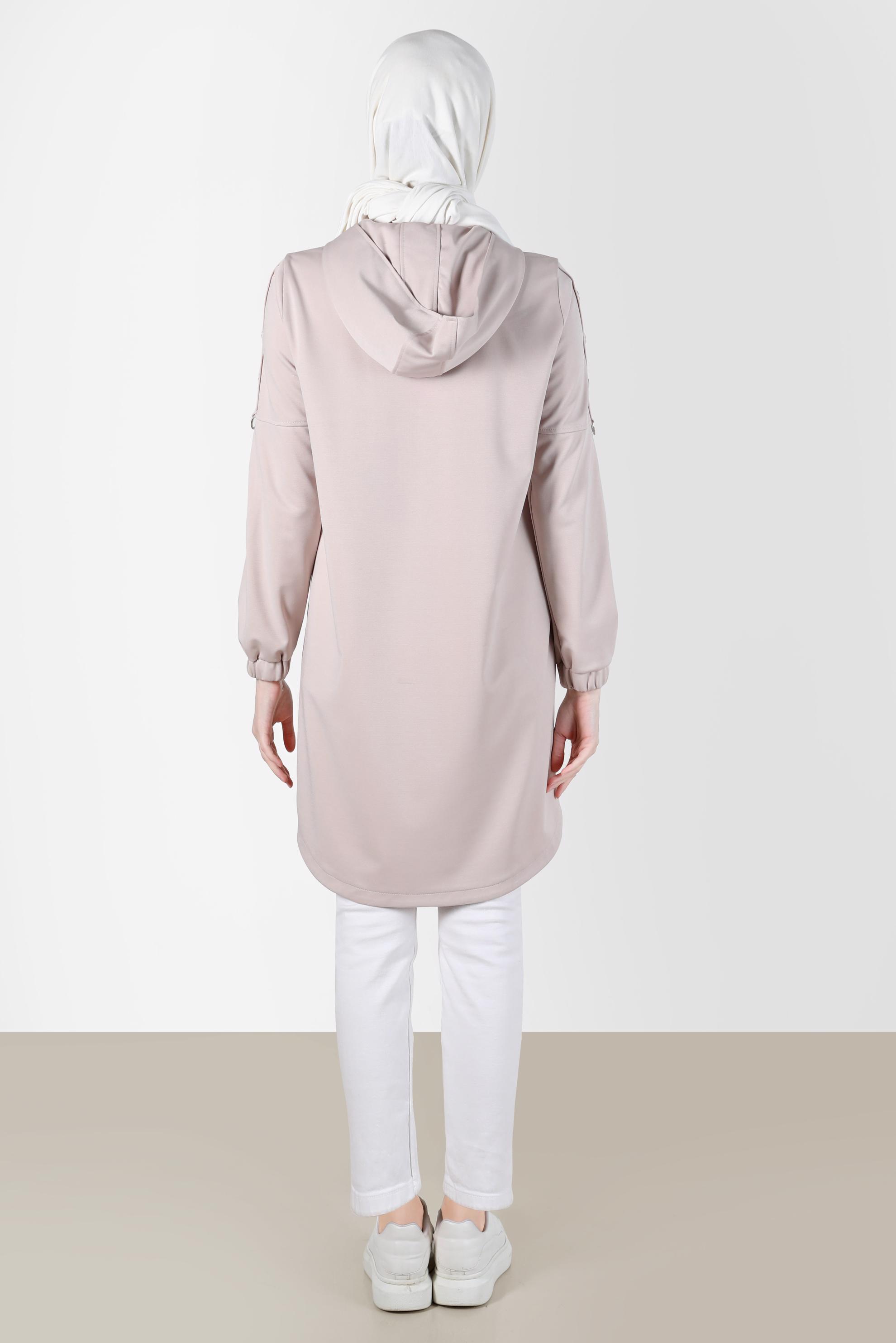 Tesettür giyim BEJ KUŞGÖZÜ DETAYLI FERMUARLI EŞOFMAN TUNİK 42849