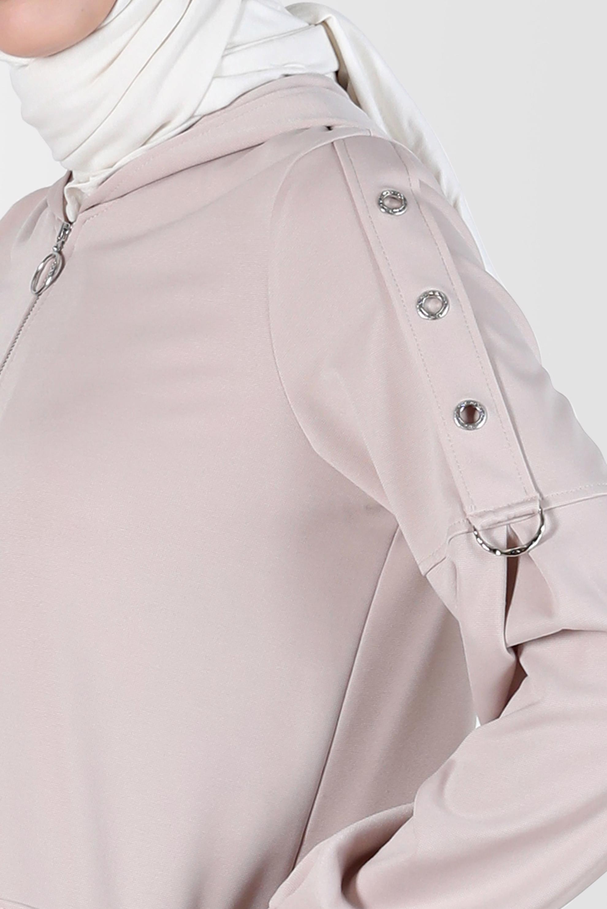 Tesettür giyim BEJ KUŞGÖZÜ DETAYLI FERMUARLI EŞOFMAN TUNİK 42849