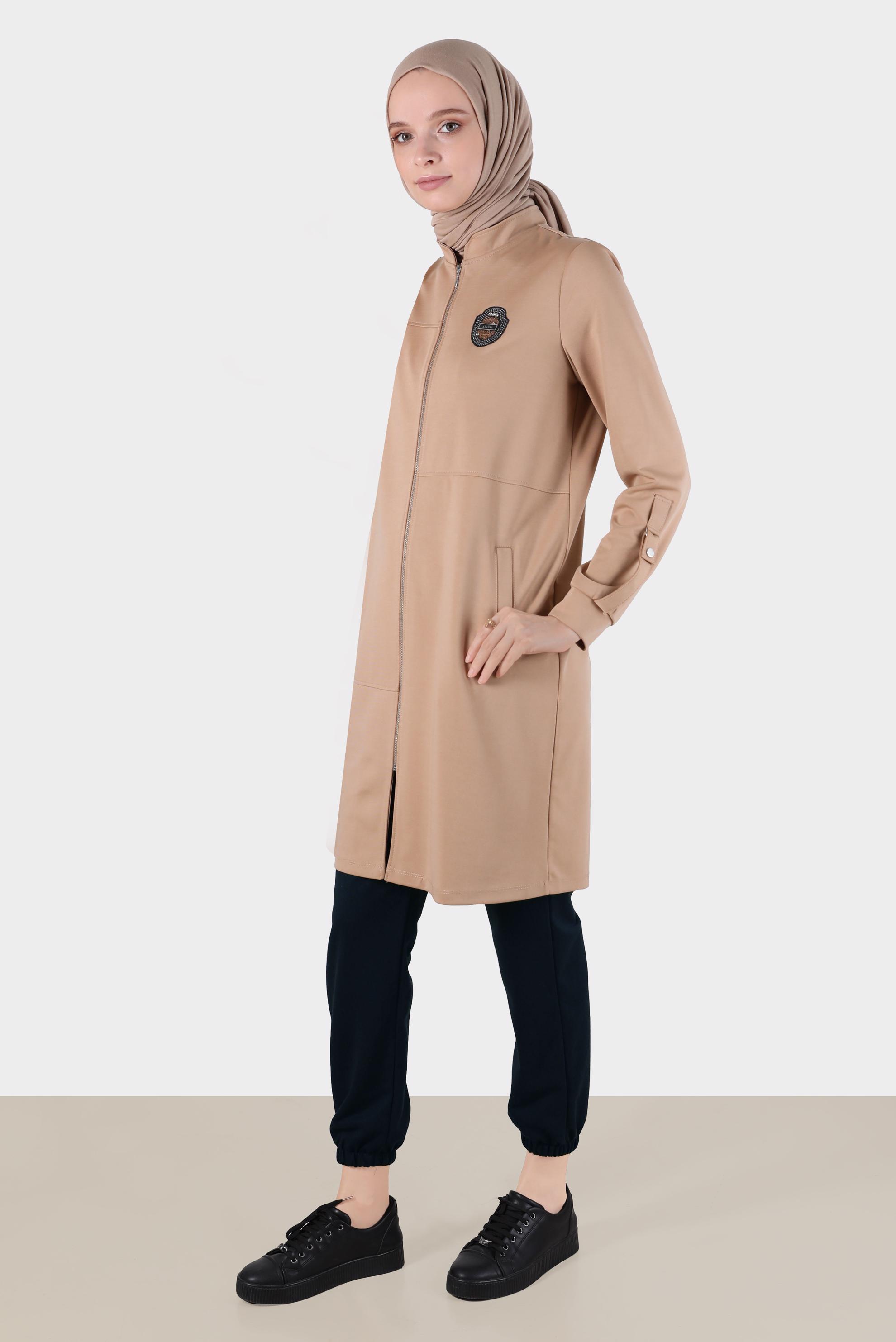 Tesettür giyim KAHVE ARMA DETAYLI FERMUARLI EŞOFMAN TUNİK 42851 