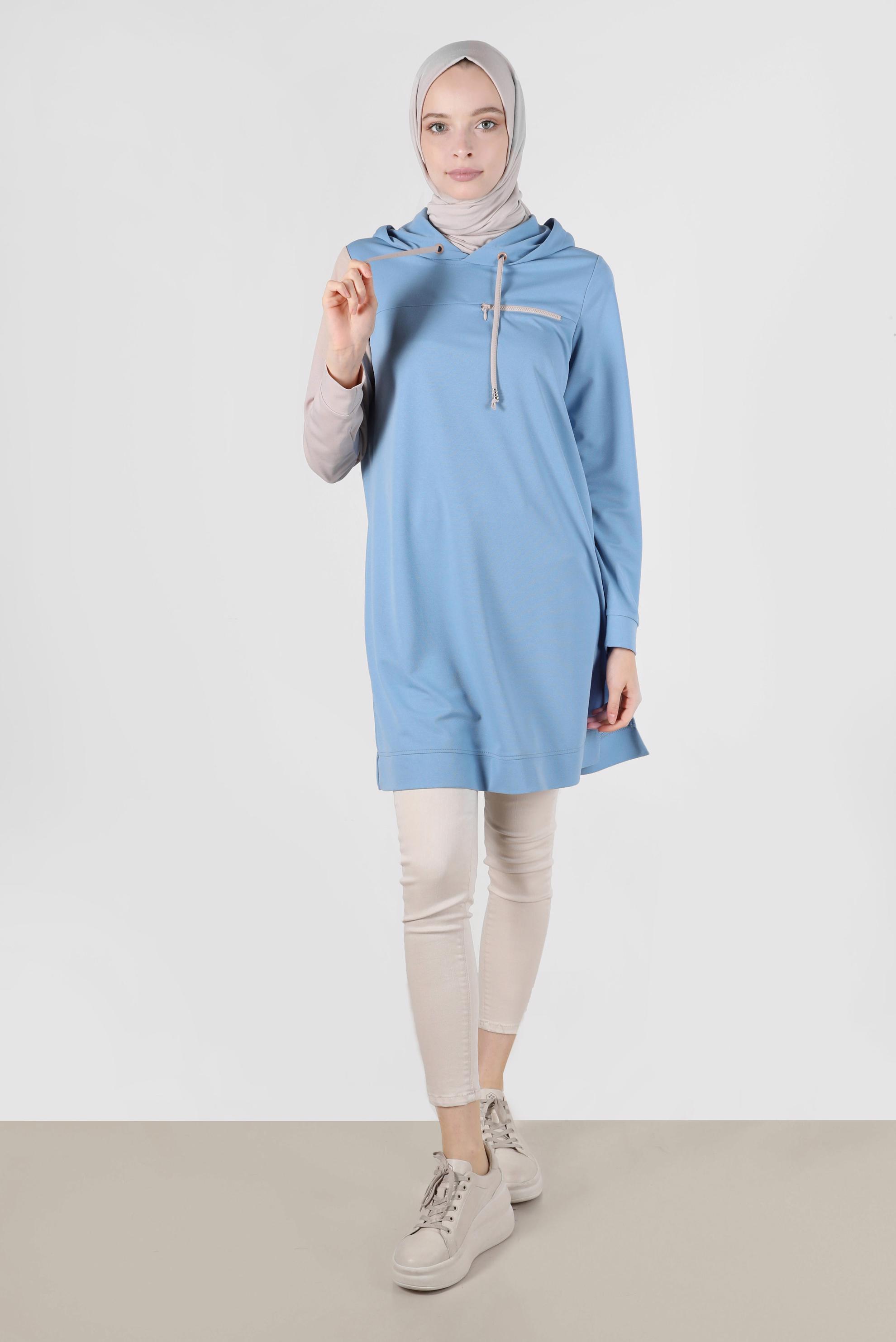 Tesettür giyim MAVİ İKİ RENK KAPÜŞONLU EŞOFMAN TUNİK 42852 