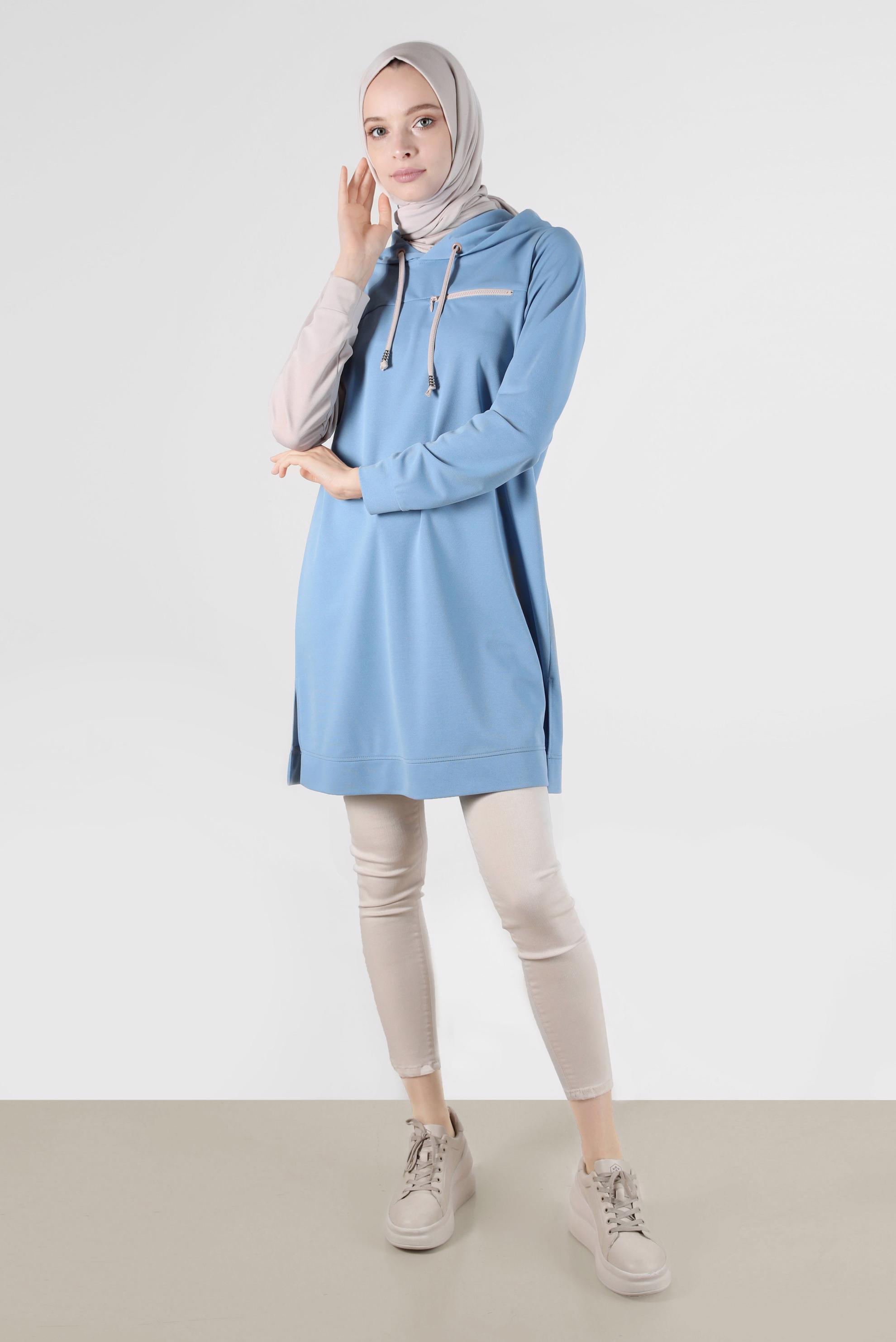 Tesettür giyim MAVİ İKİ RENK KAPÜŞONLU EŞOFMAN TUNİK 42852 