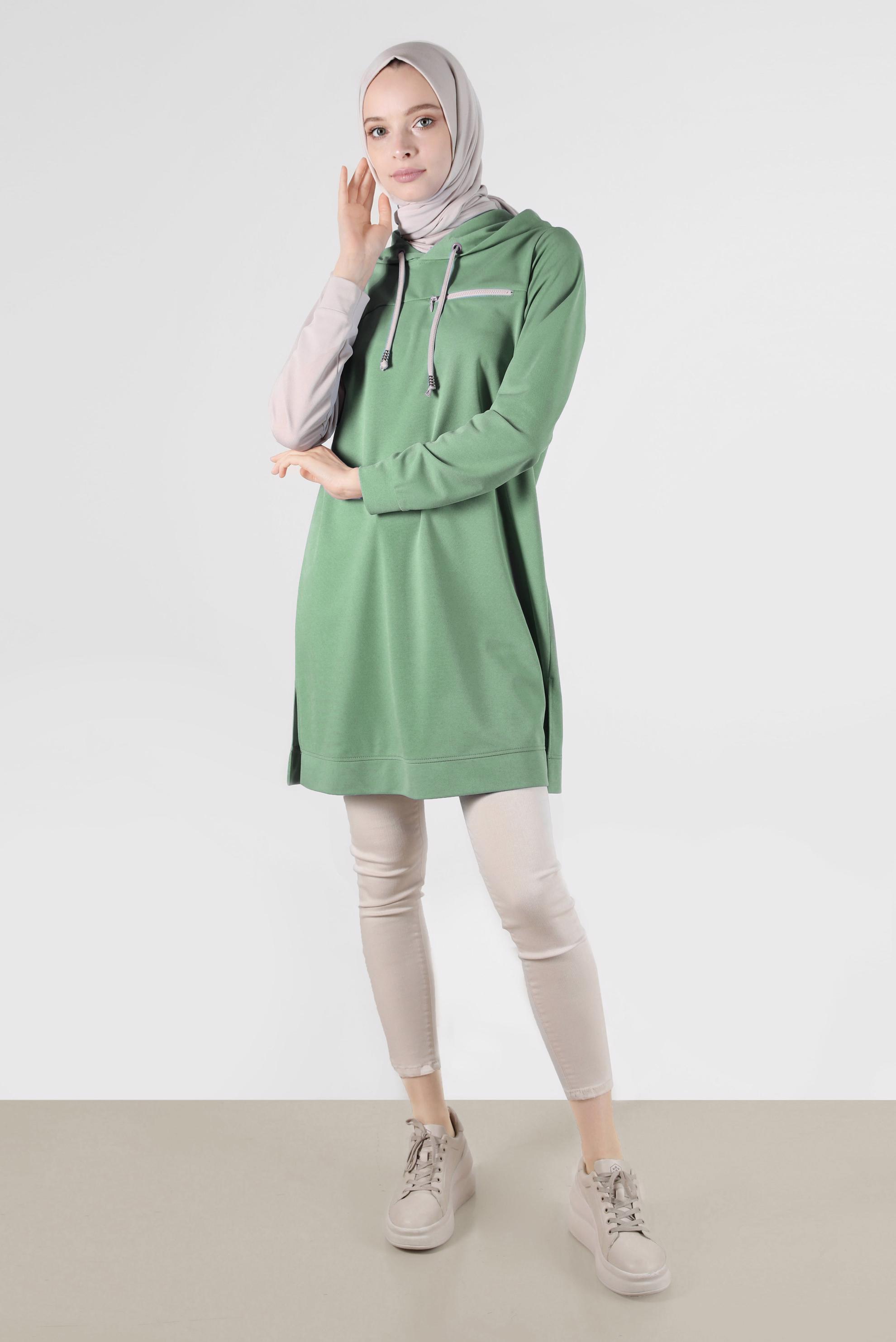 Tesettür giyim YEŞİL İKİ RENK KAPÜŞONLU EŞOFMAN TUNİK 42852 