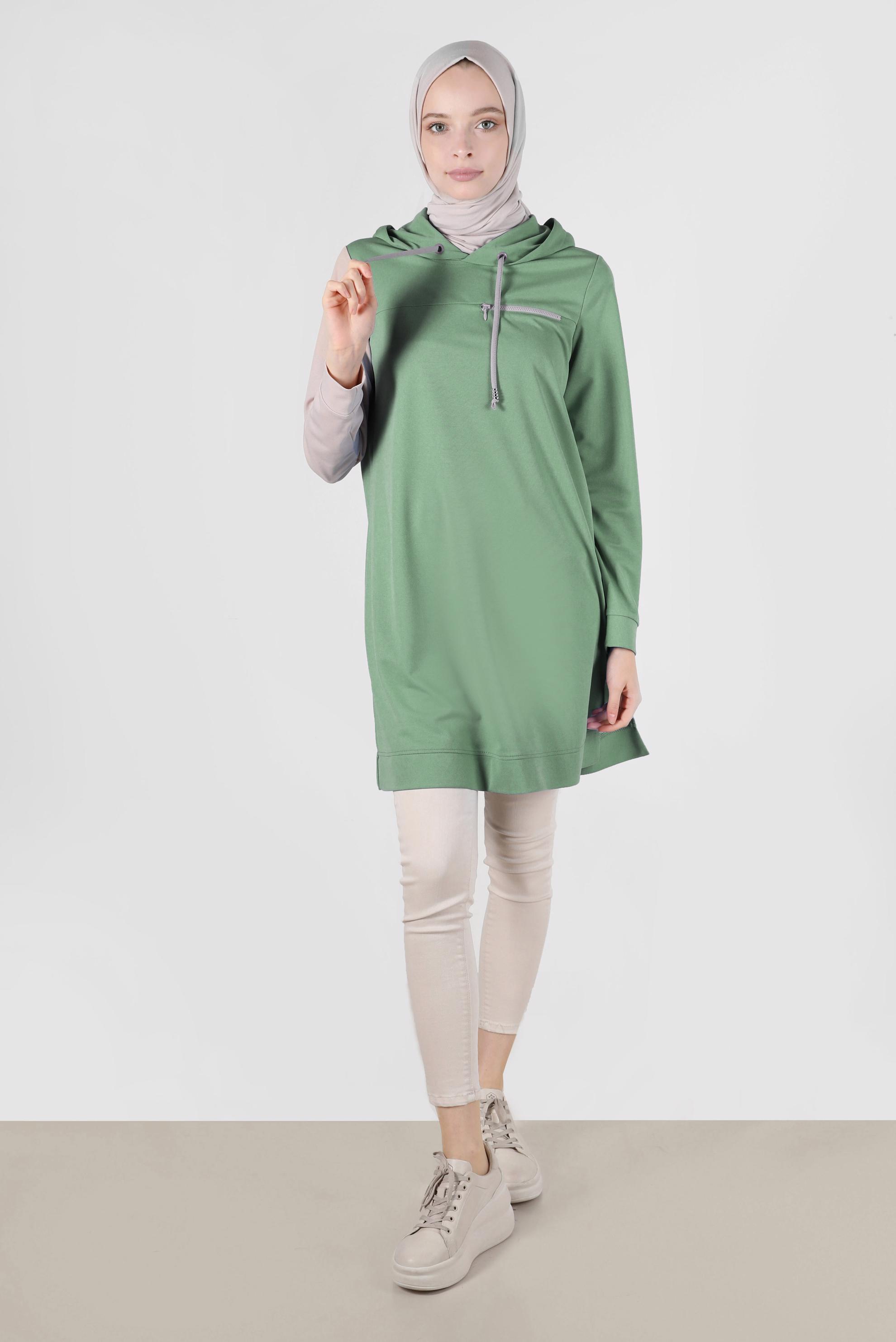 Tesettür giyim YEŞİL İKİ RENK KAPÜŞONLU EŞOFMAN TUNİK 42852 