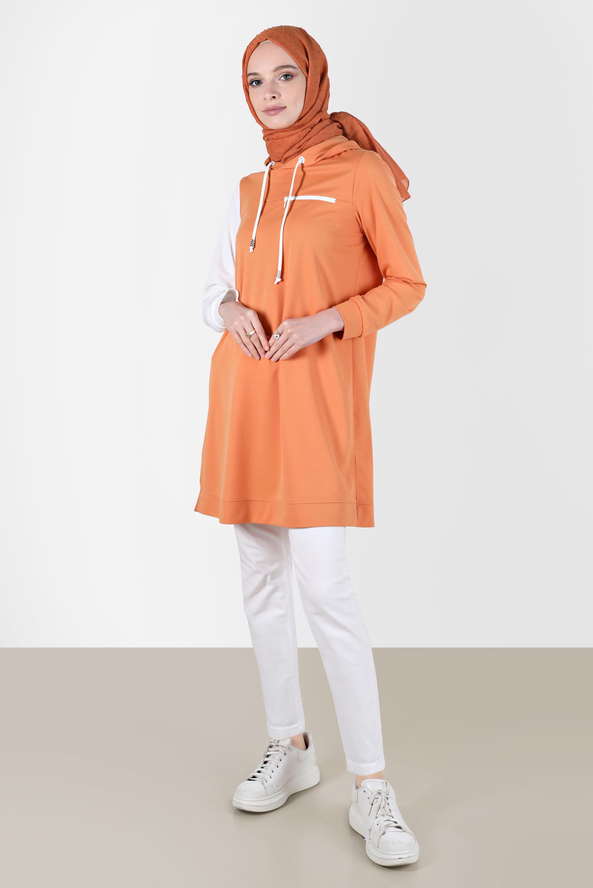 Tesettür giyim TURUNCU İKİ RENK KAPÜŞONLU EŞOFMAN TUNİK 42852 