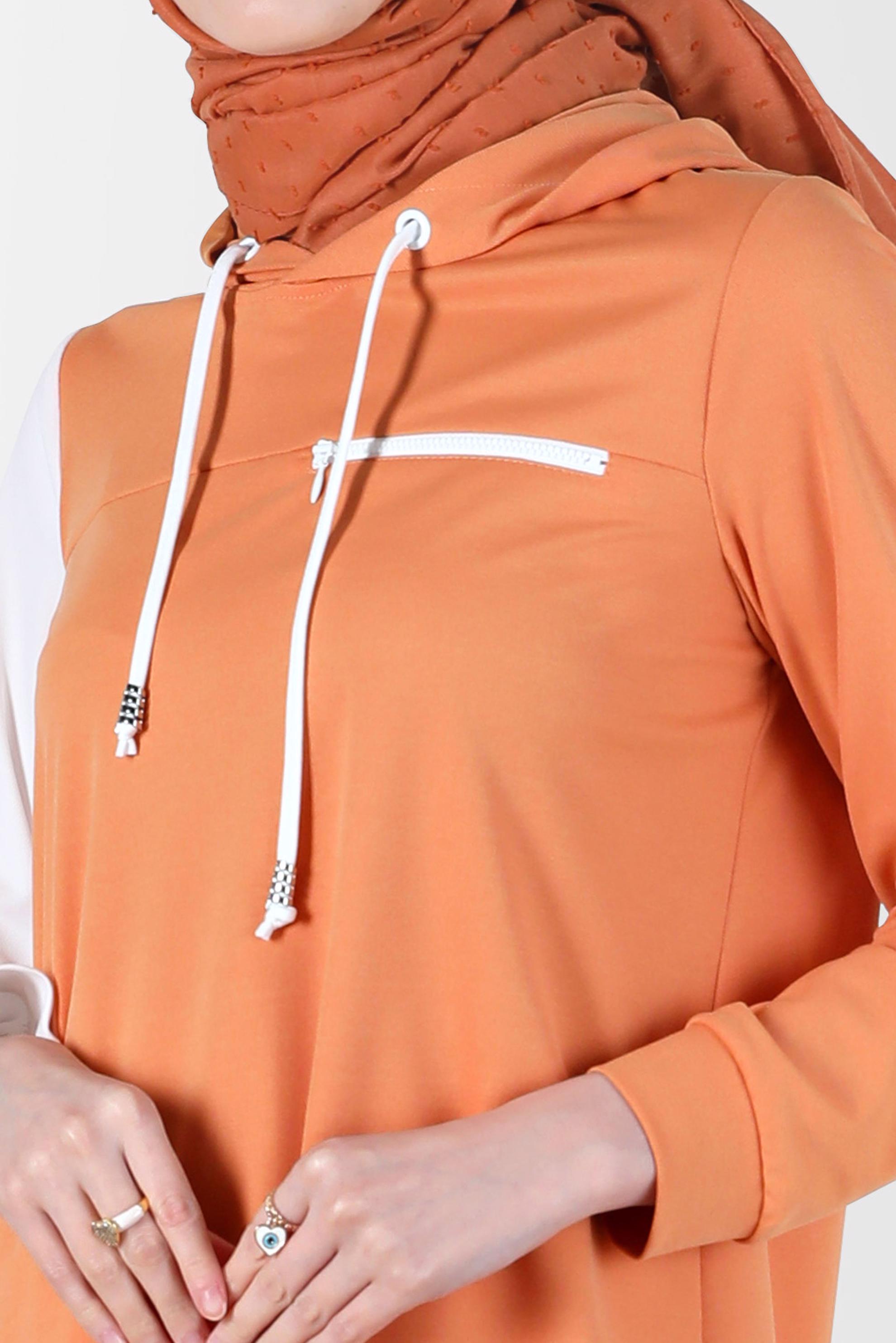 Tesettür giyim TURUNCU İKİ RENK KAPÜŞONLU EŞOFMAN TUNİK 42852 