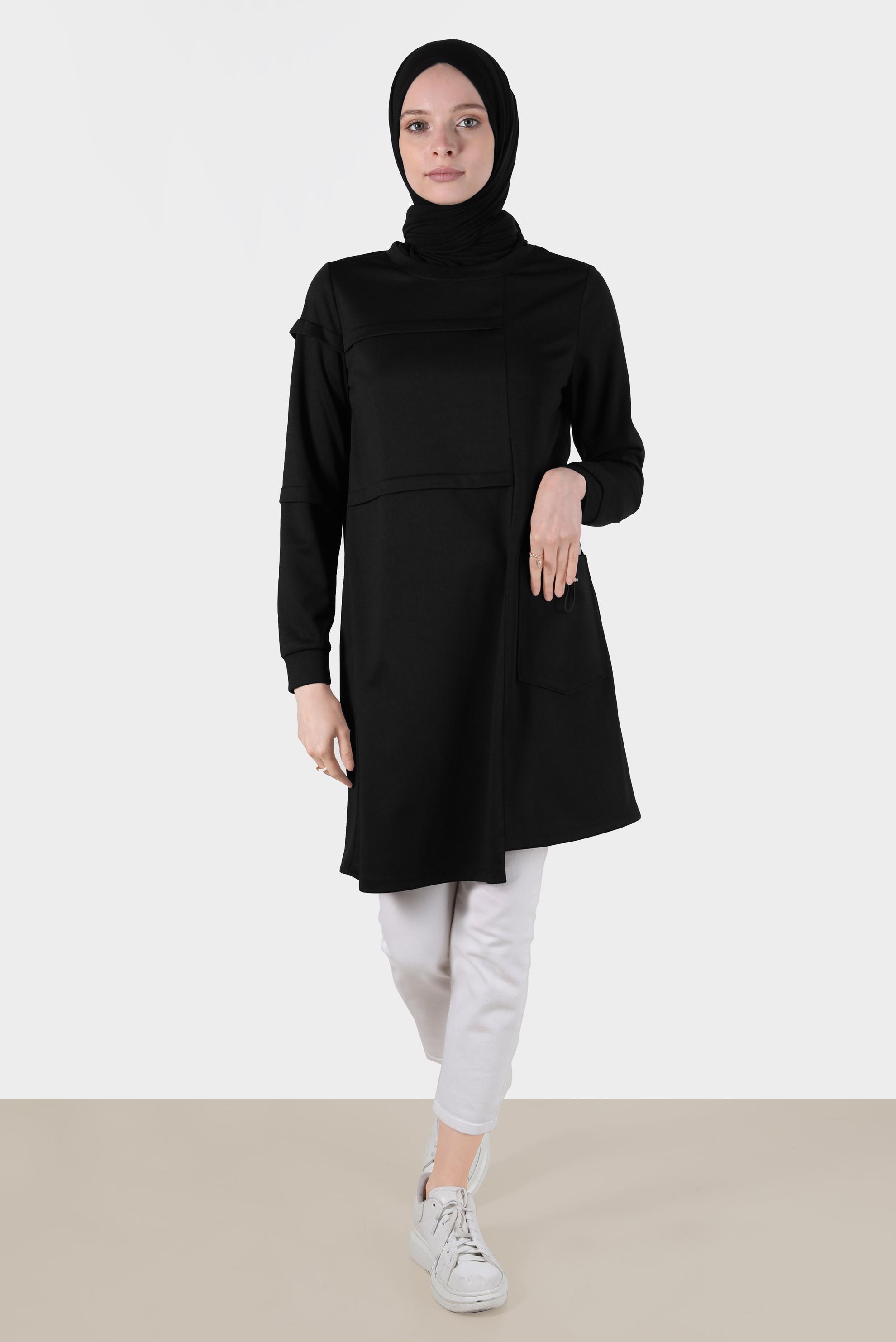 Tesettür giyim SİYAH CEP DETAYLI EŞOFMAN TUNİK 42853 