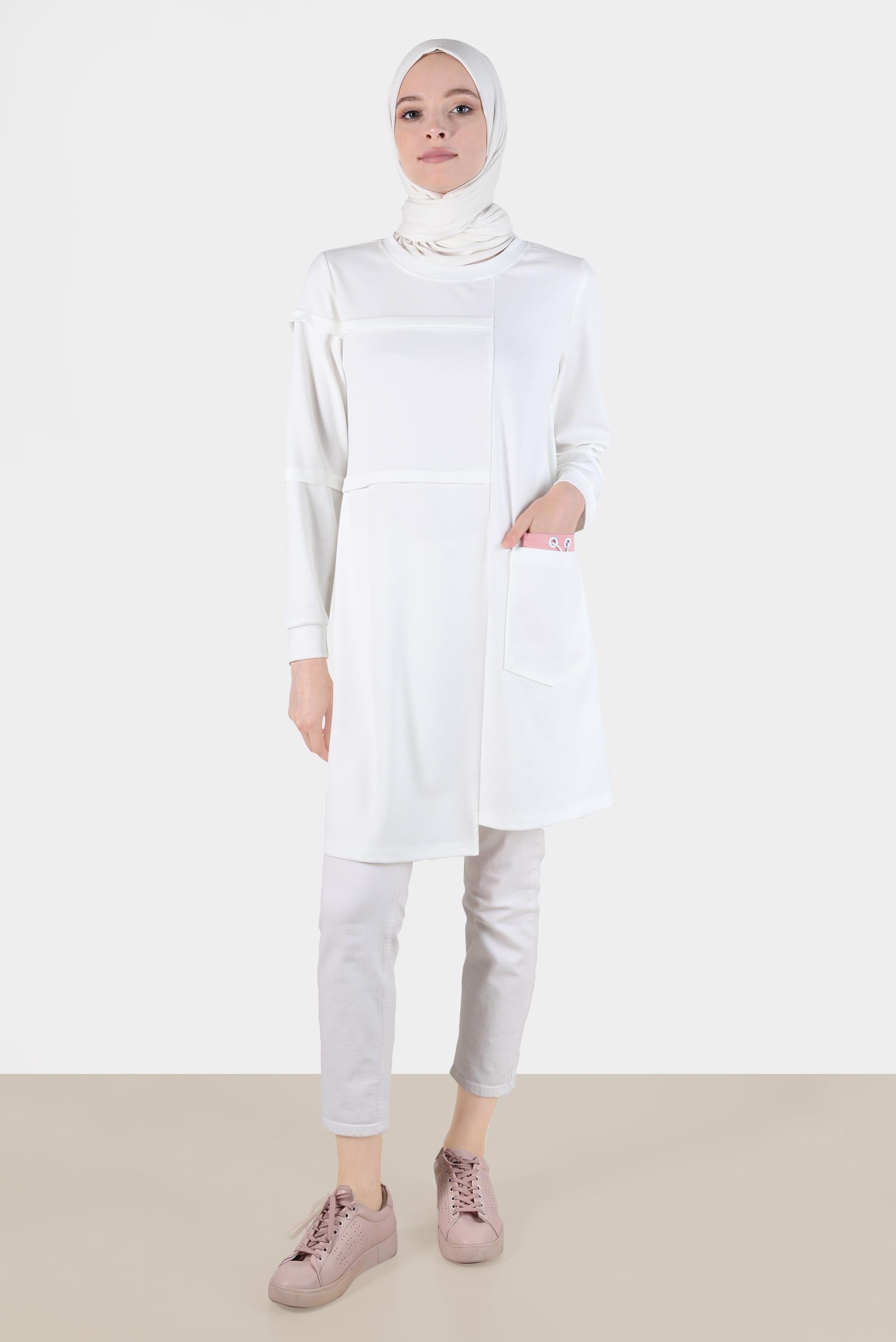 Tesettür giyim BEYAZ CEP DETAYLI EŞOFMAN TUNİK 42853 