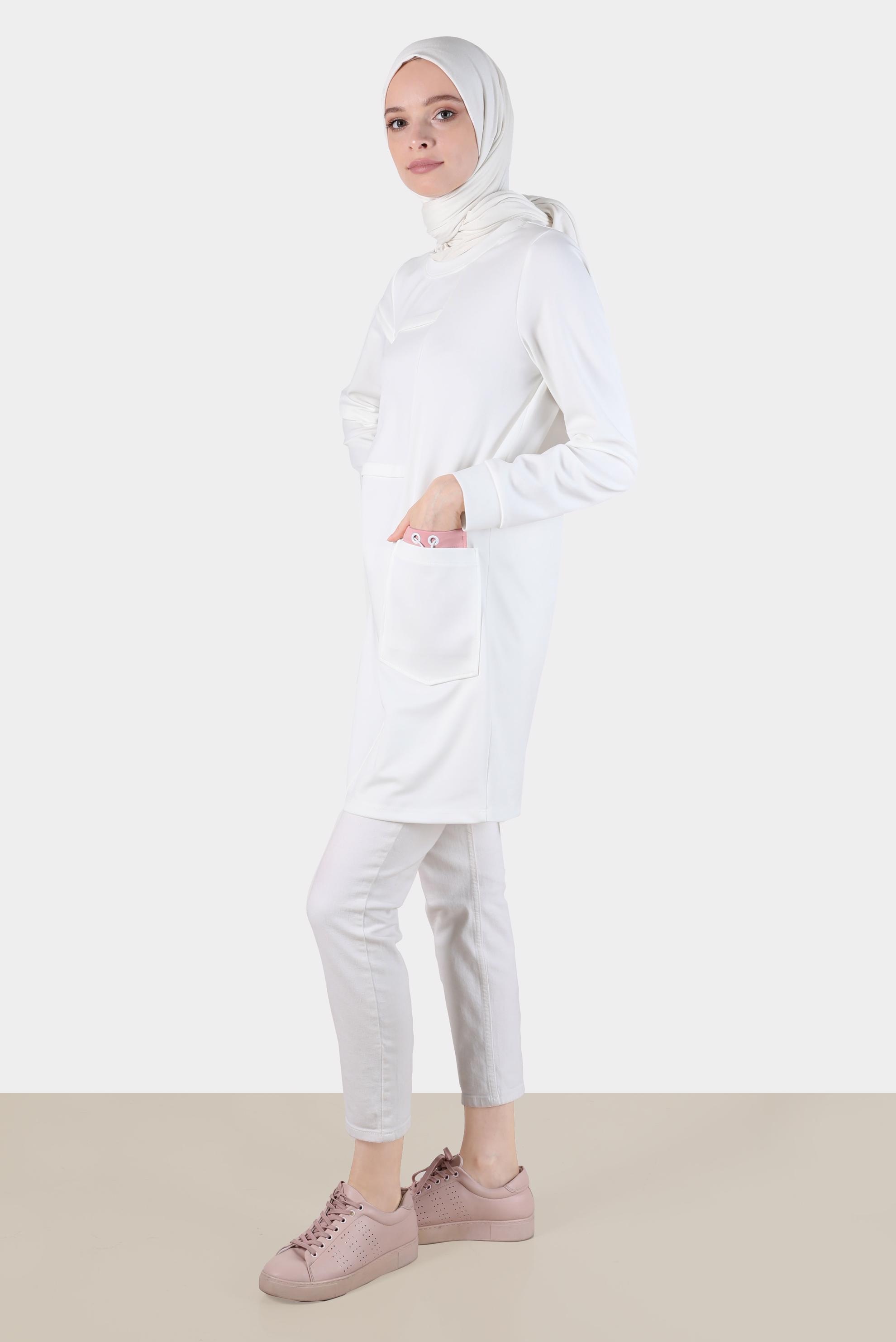Tesettür giyim BEYAZ CEP DETAYLI EŞOFMAN TUNİK 42853 