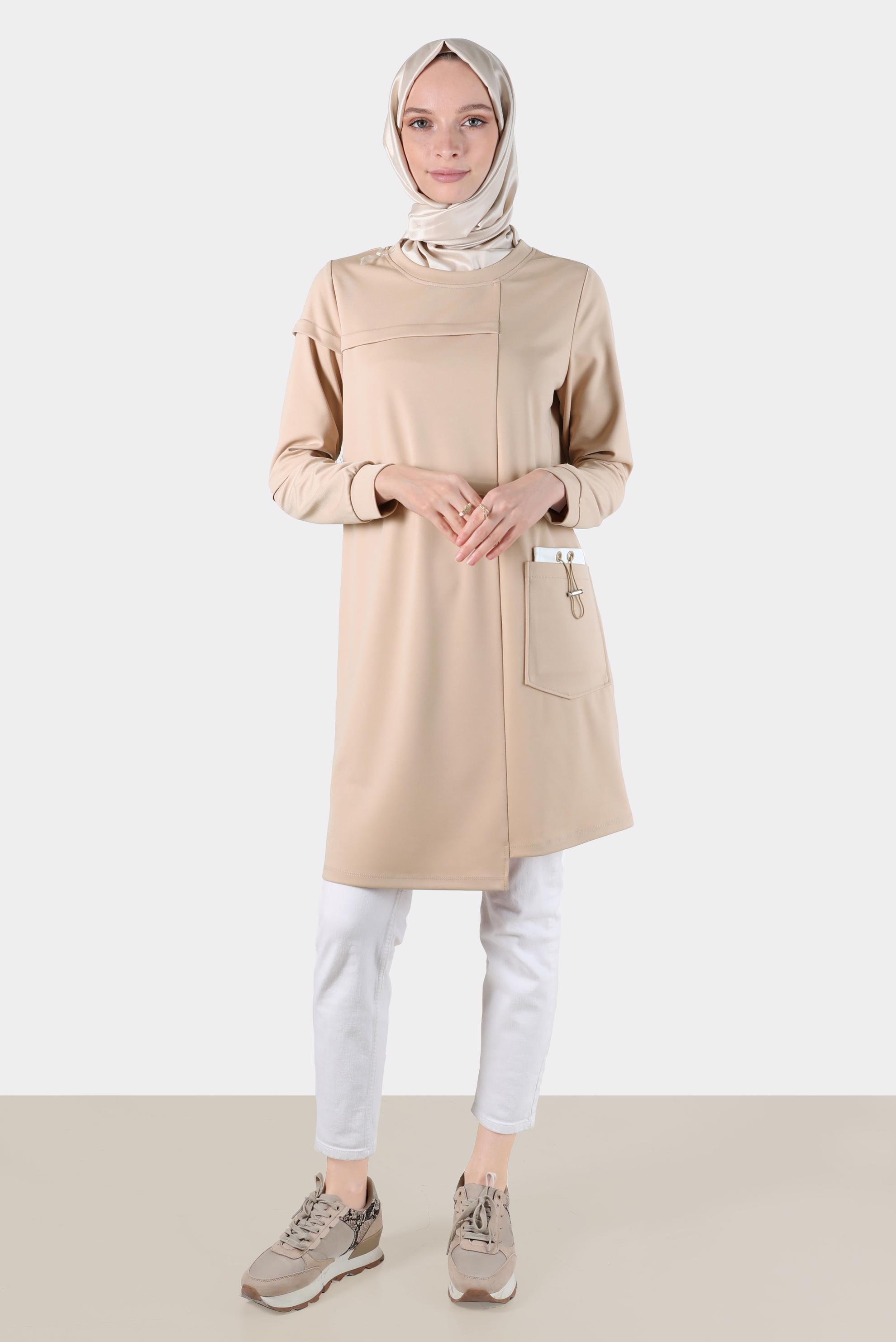 Tesettür giyim BEJ CEP DETAYLI EŞOFMAN TUNİK 42853 