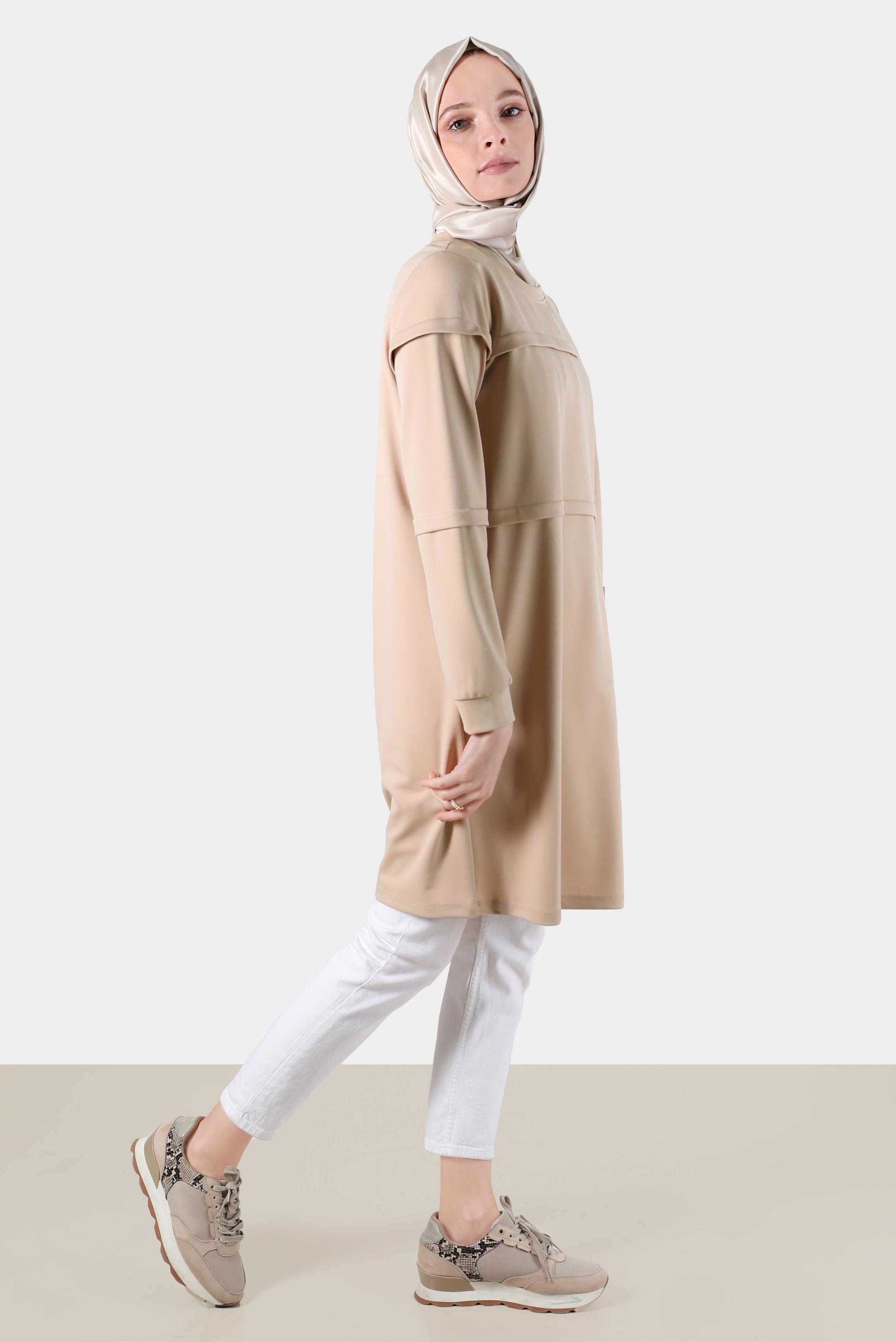 Tesettür giyim BEJ CEP DETAYLI EŞOFMAN TUNİK 42853 