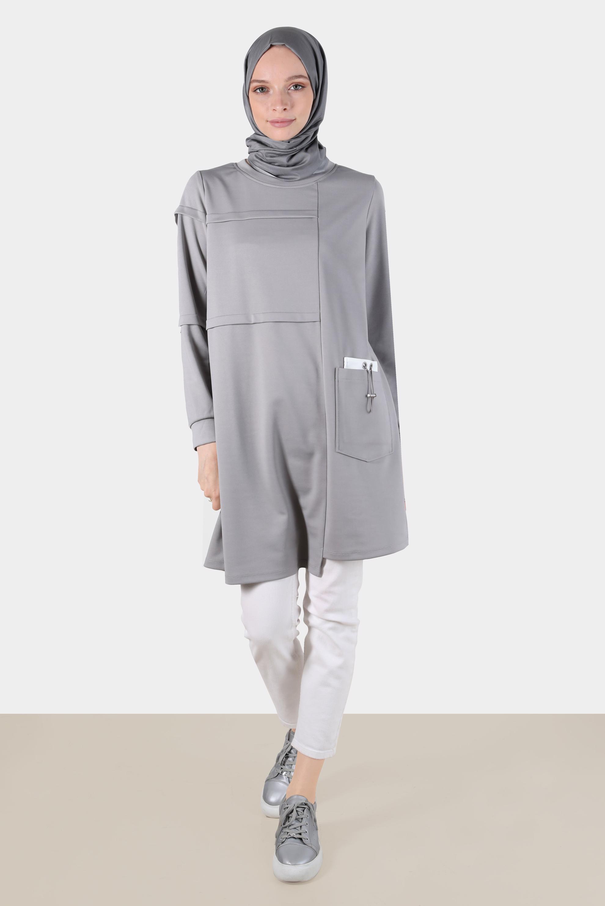 Tesettür giyim GRİ CEP DETAYLI EŞOFMAN TUNİK 42853 