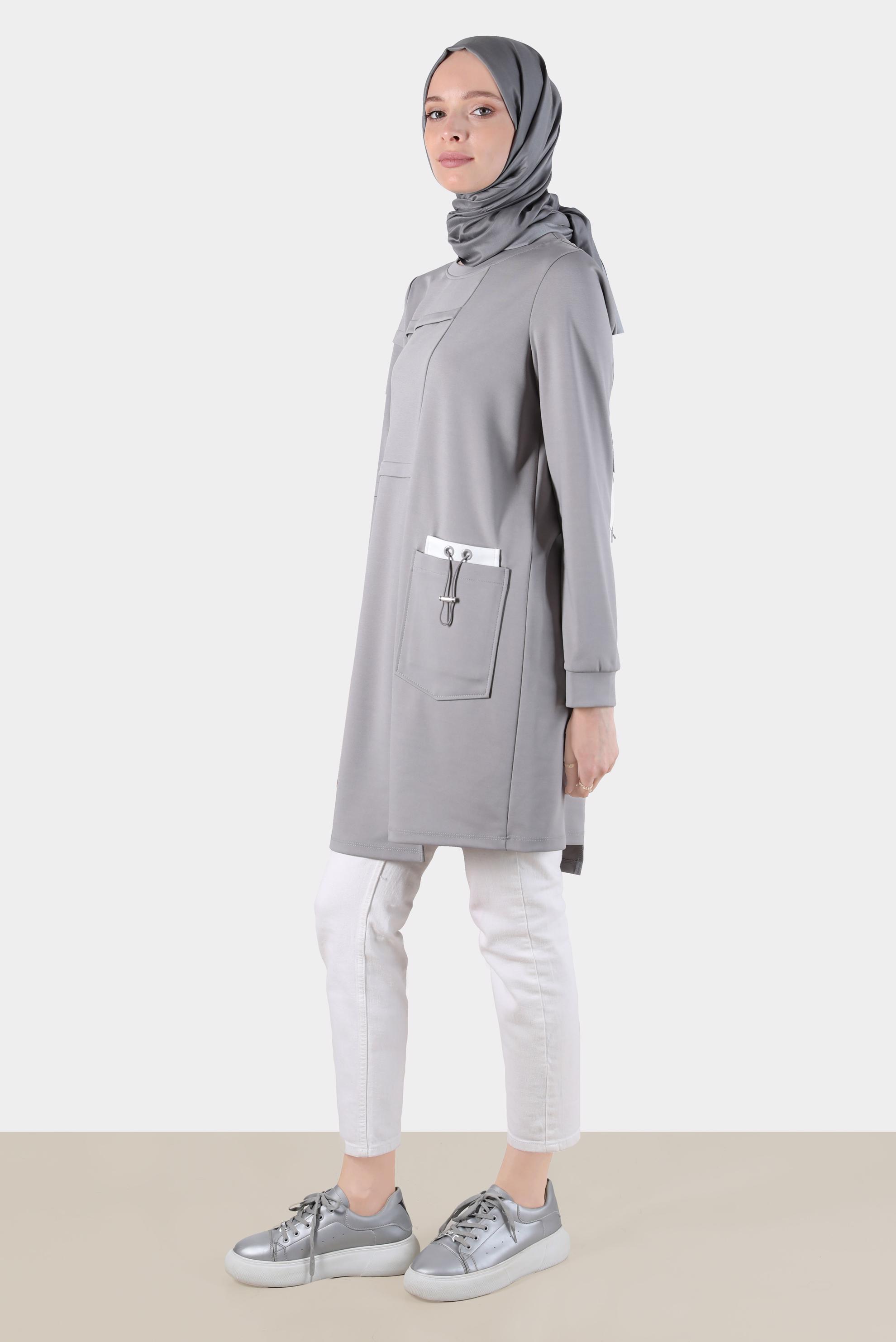 Tesettür giyim GRİ CEP DETAYLI EŞOFMAN TUNİK 42853 